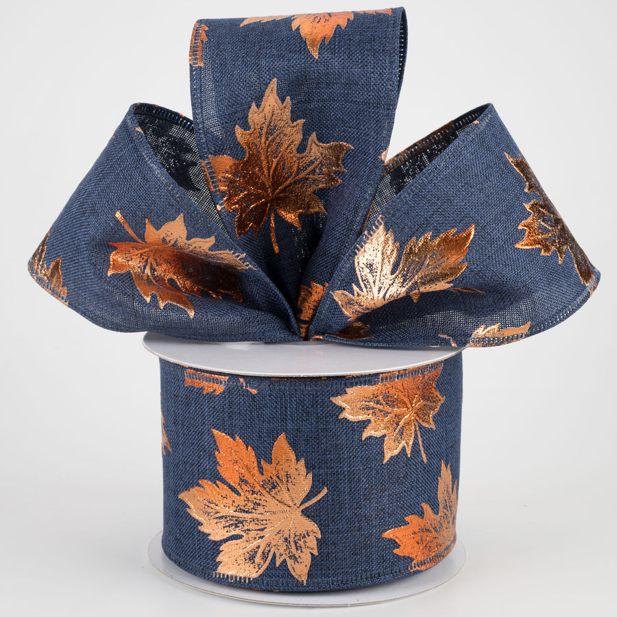 2.5" Navy Linen Ribbon With Rust Embossed Fall Leaves (10 Yards) Lifestyle Photo