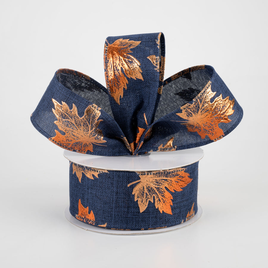 1.5" Navy Linen Ribbon With Rust Embossed Fall Leaves (10 Yards) Lifestyle Photo