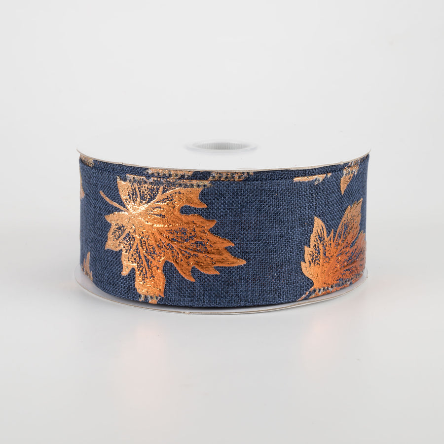 1.5" Navy Linen Ribbon With Rust Embossed Fall Leaves (10 Yards)
