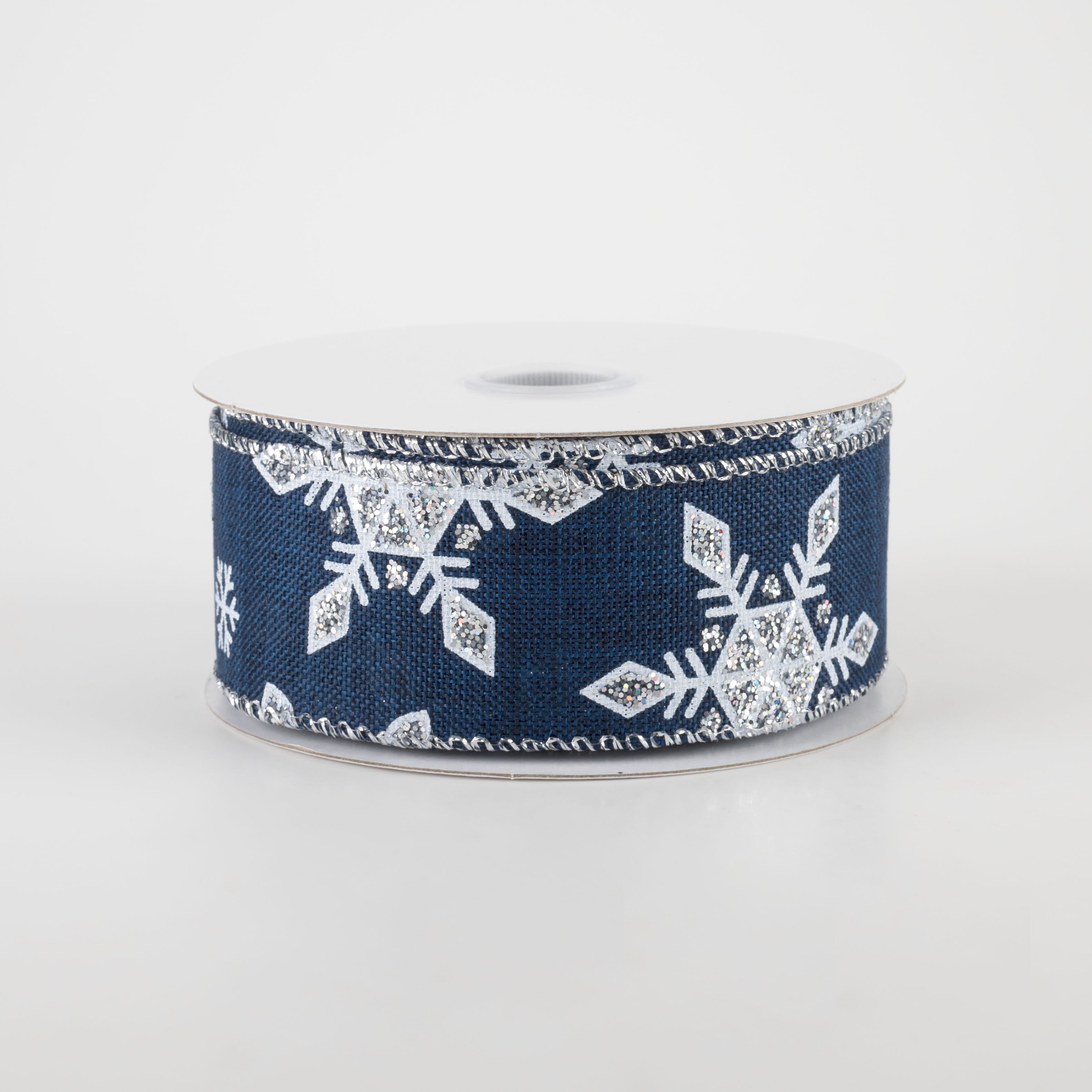 1.5" Navy Linen Silver Snowflake Ribbon (10 Yards) Item Number: 72119-09-27