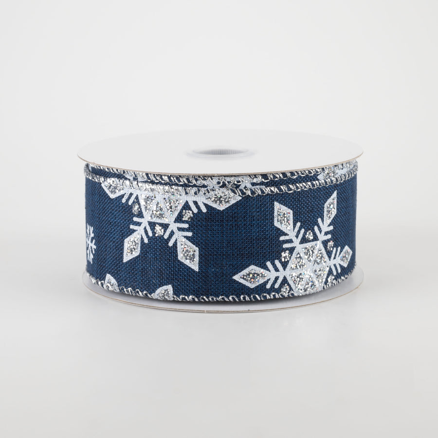 1.5" Navy Linen Silver Snowflake Ribbon (10 Yards) Item Number: 72119-09-27