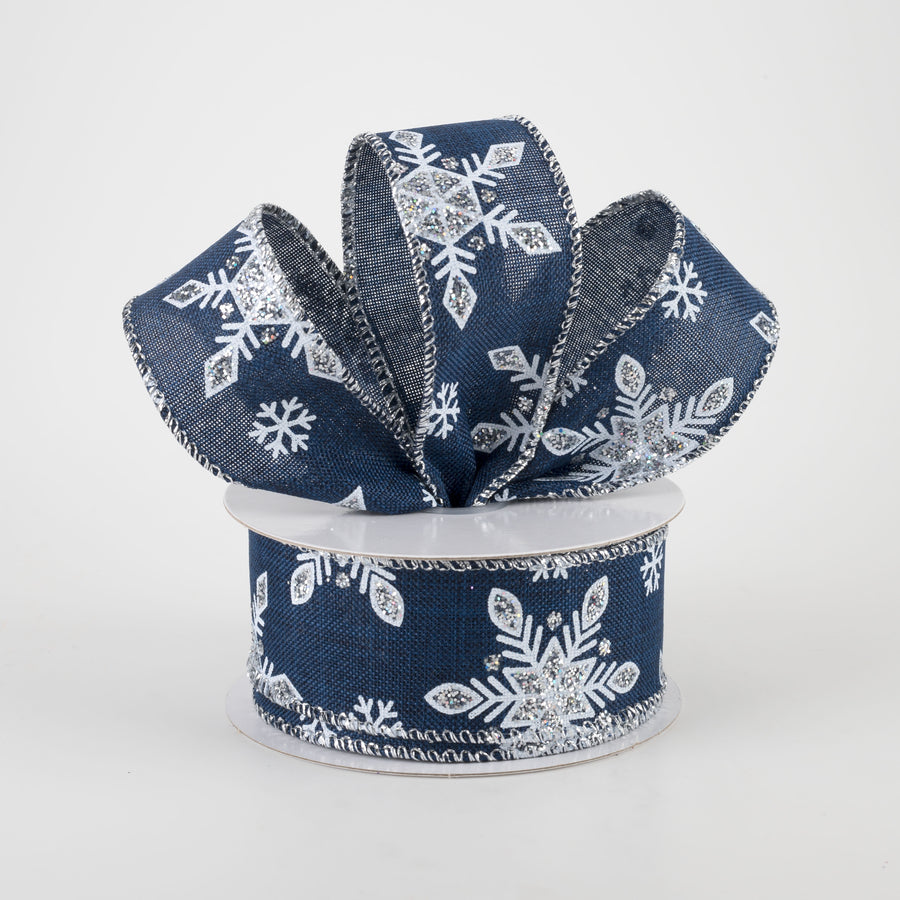 1.5" Navy Linen Silver Snowflake Ribbon (10 Yards) Lifestyle Photo