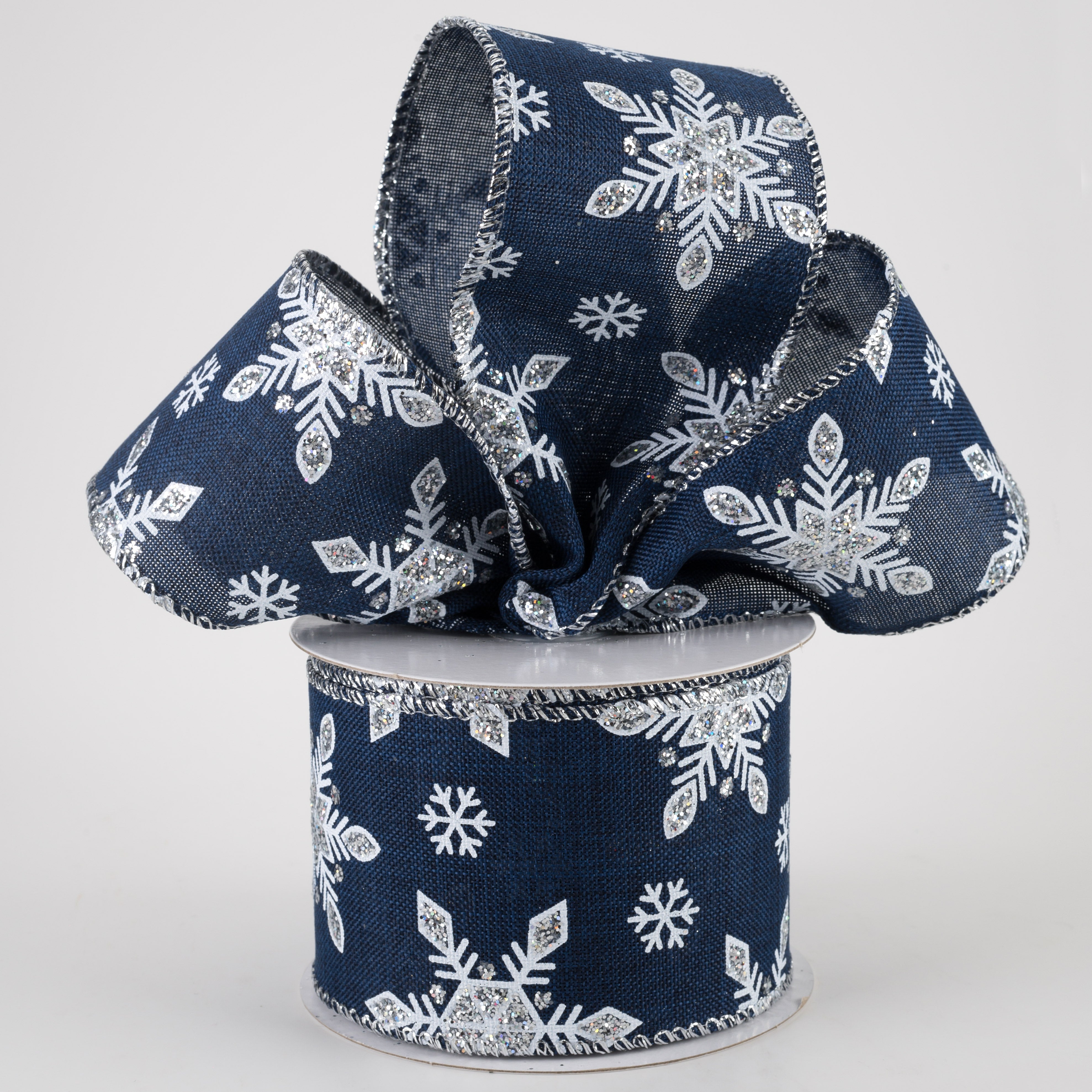 2.5" Navy Linen Silver Snowflake Ribbon (10 Yards) Lifestyle Photo