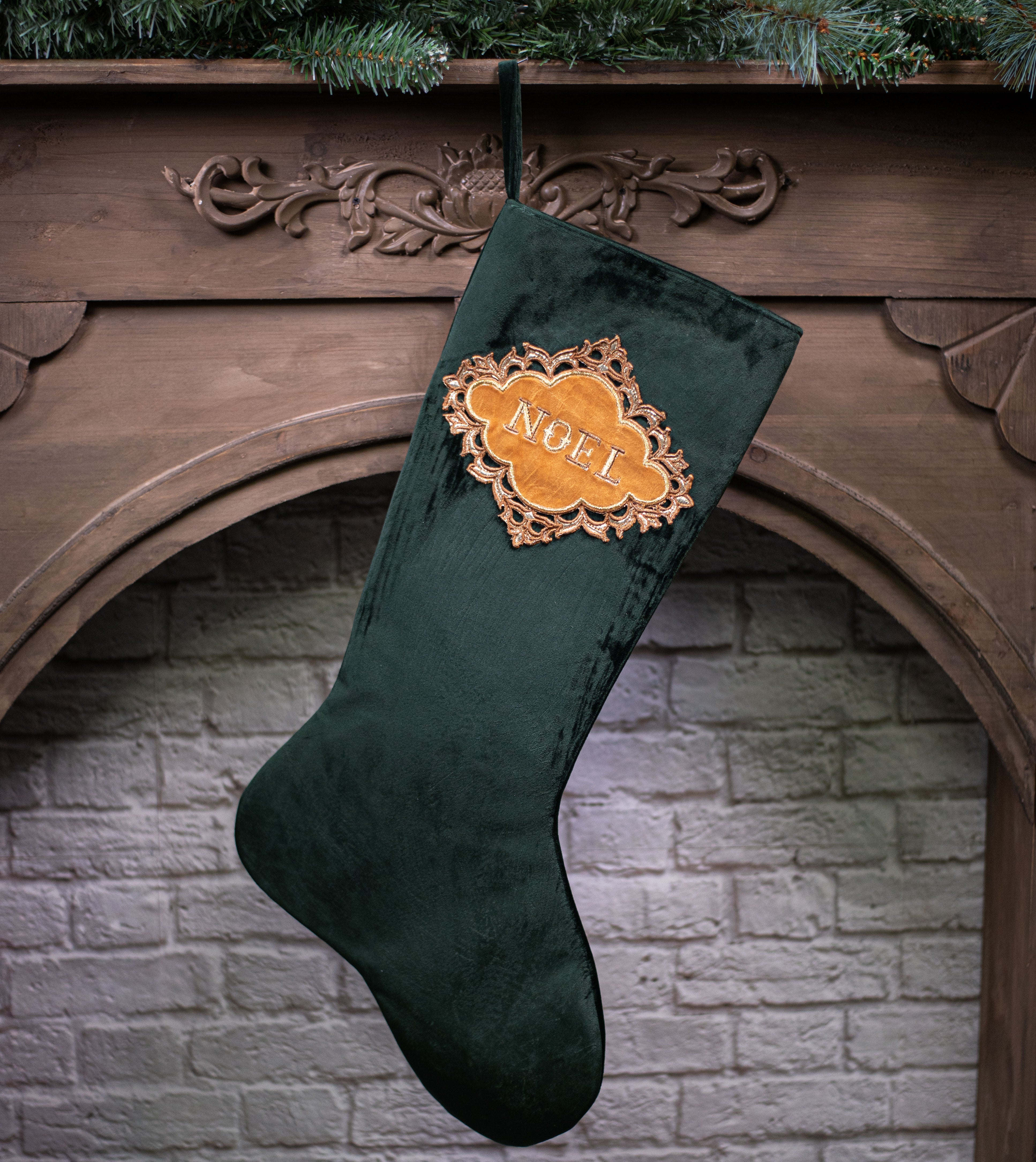 25" Noel Velvet Stocking: Emerald & Gold detail photo 3