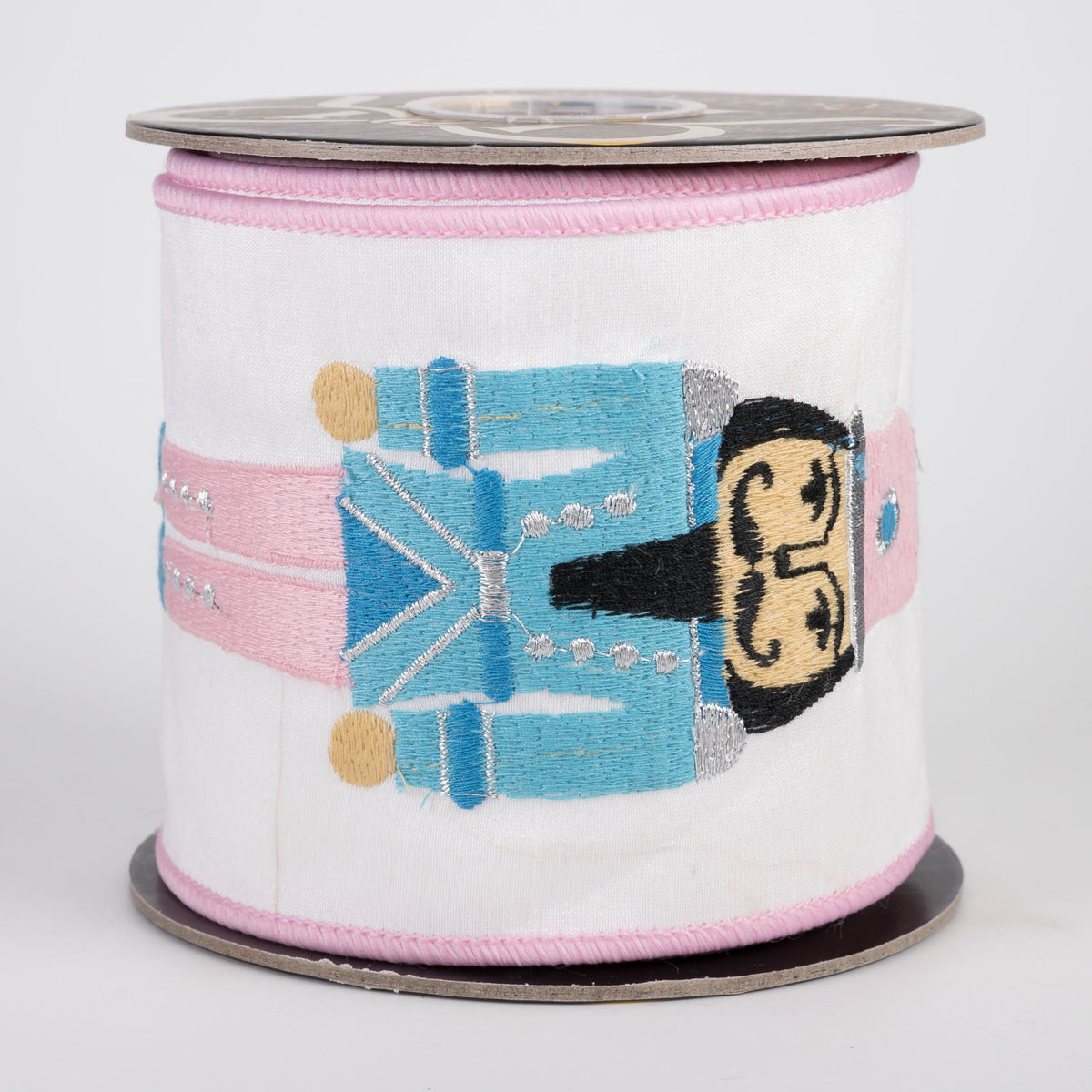 4" Nutcracker Embroidered Dupioni Ribbon with Fused Lining Back: White, Pink & Light Blue (5 Yards) Item Number: RR0031
