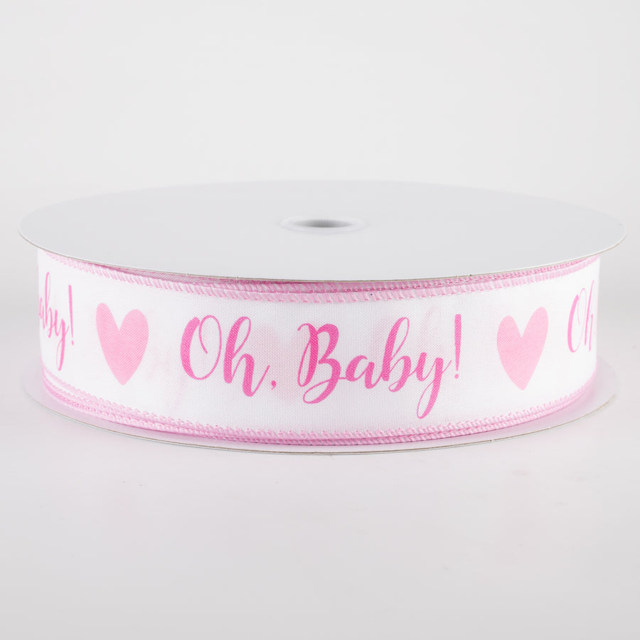 1.5" Oh, Baby! Heart Ribbon: White & Pink (50 Yards)