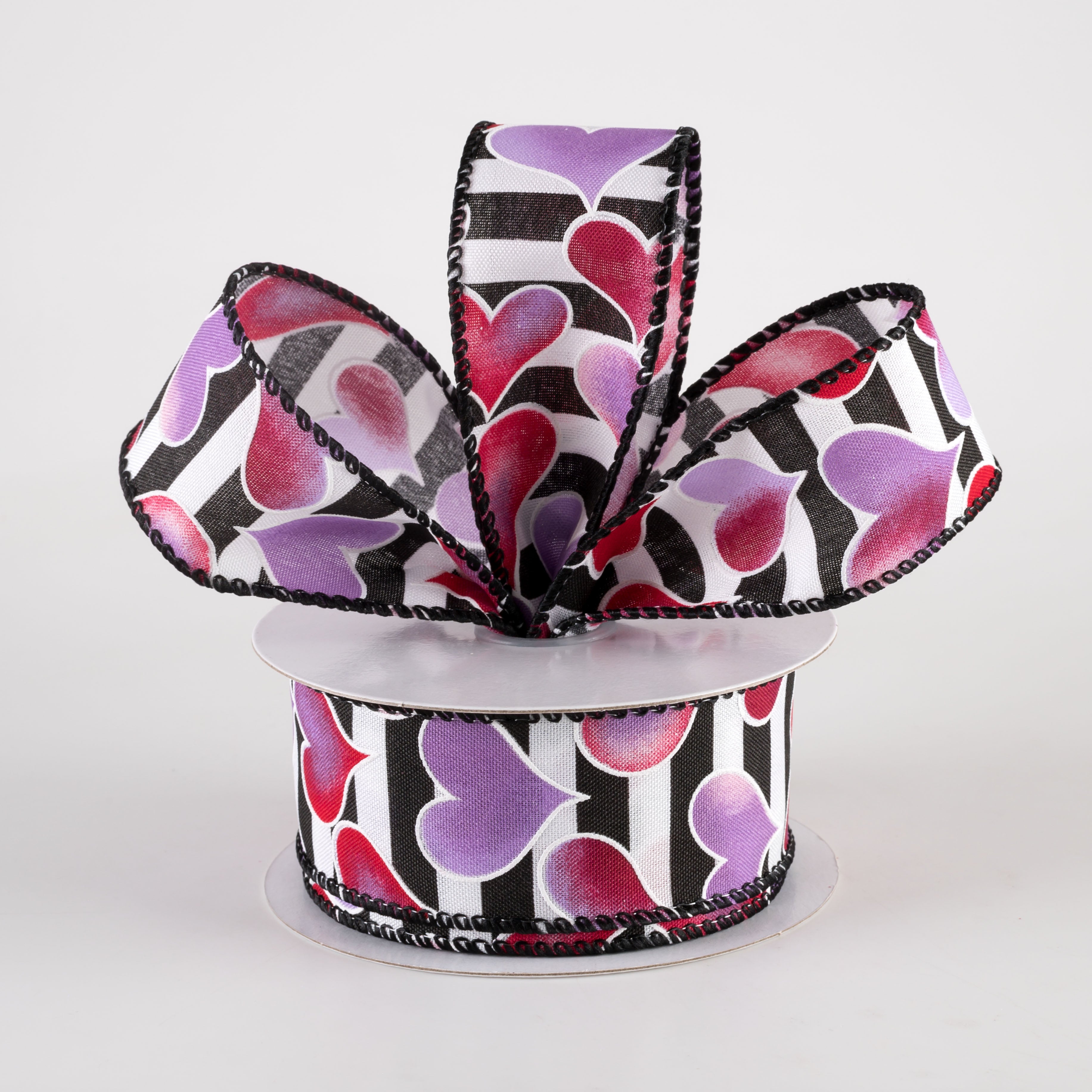 1.5" Ombré Hearts BW Satin Stripe Ribbon: Red, Pink, Lavender (10 Yards) Lifestyle Photo