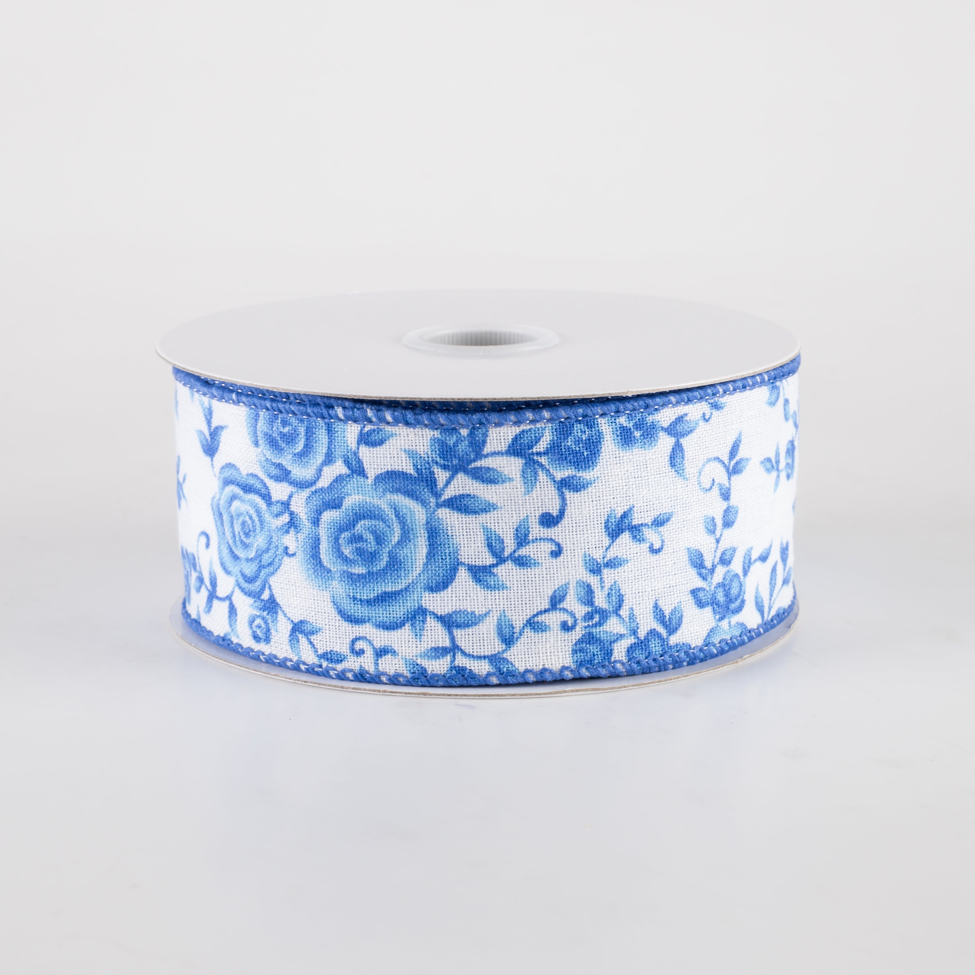 1.5" Ombré Roses on White Linen Ribbon: Cobalt Blue (10 Yards)