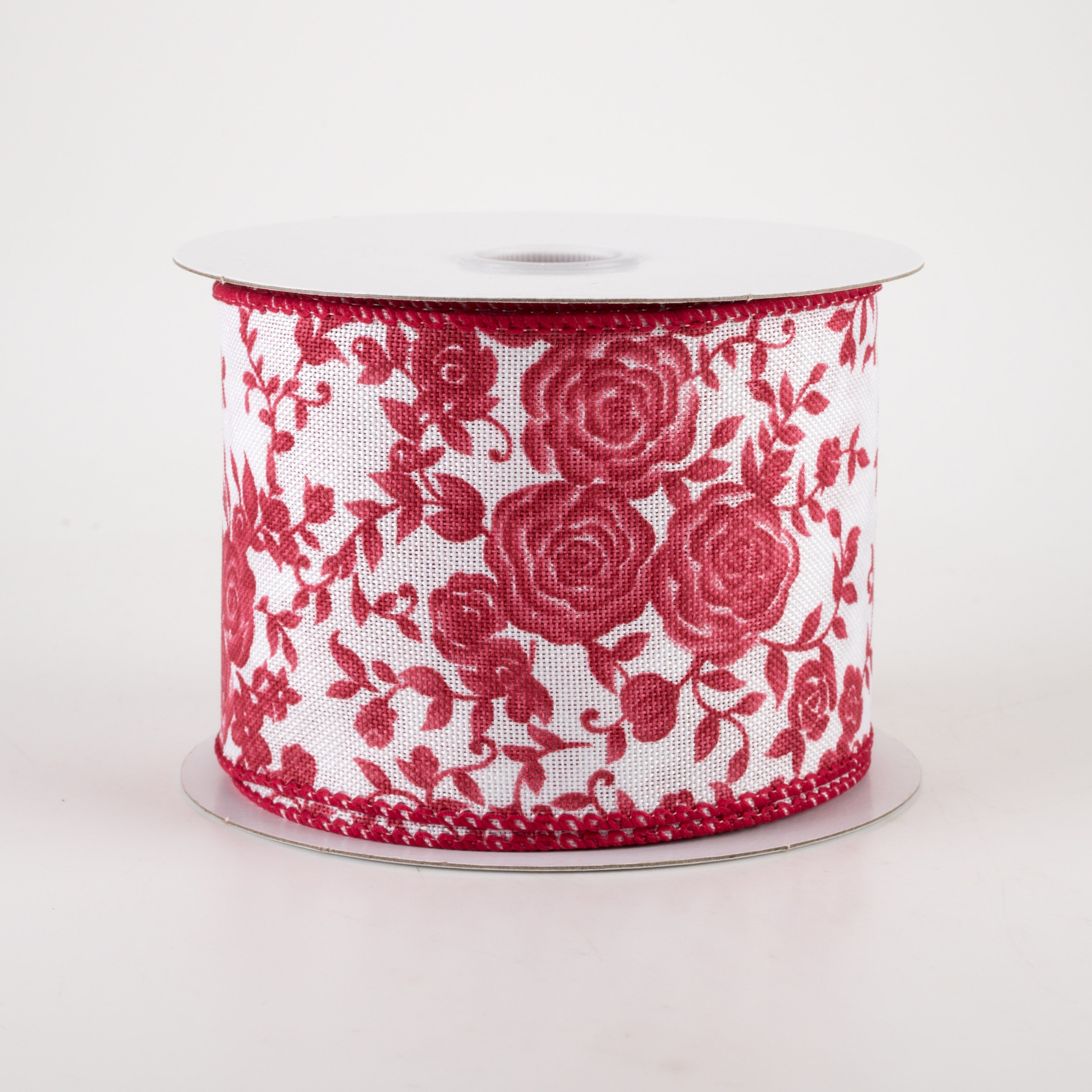 2.5" Ombré Roses on White Linen Ribbon: Red (10 Yards)