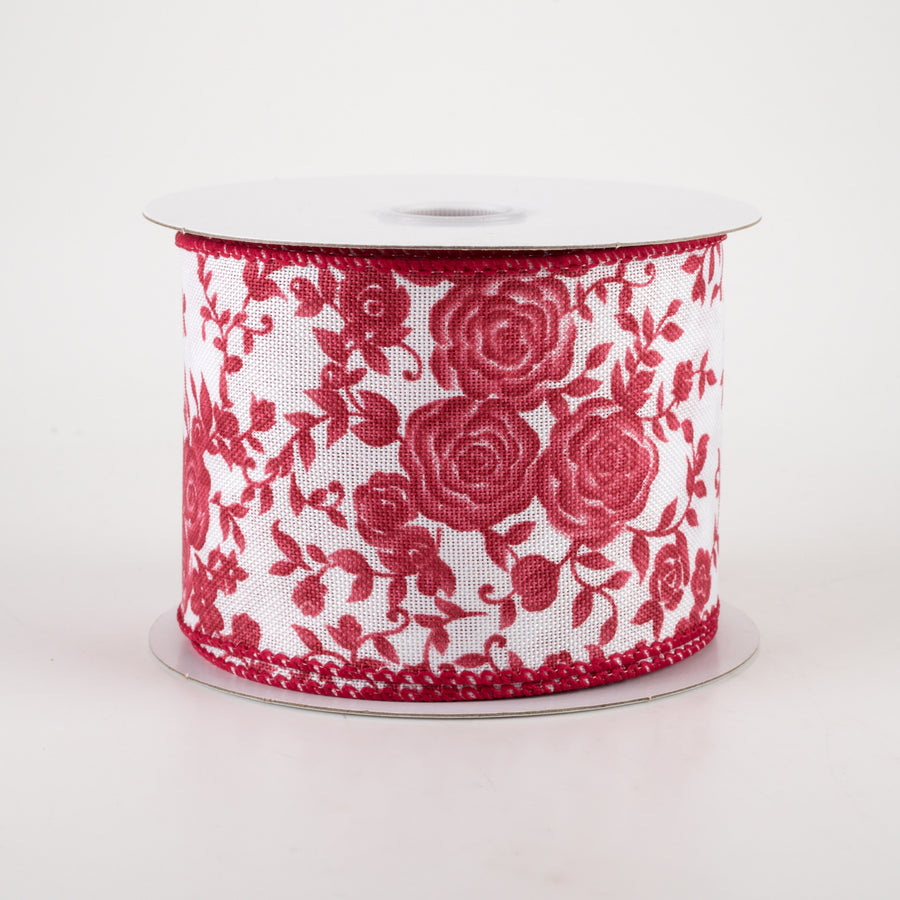 2.5" Ombré Roses on White Linen Ribbon: Red (10 Yards)