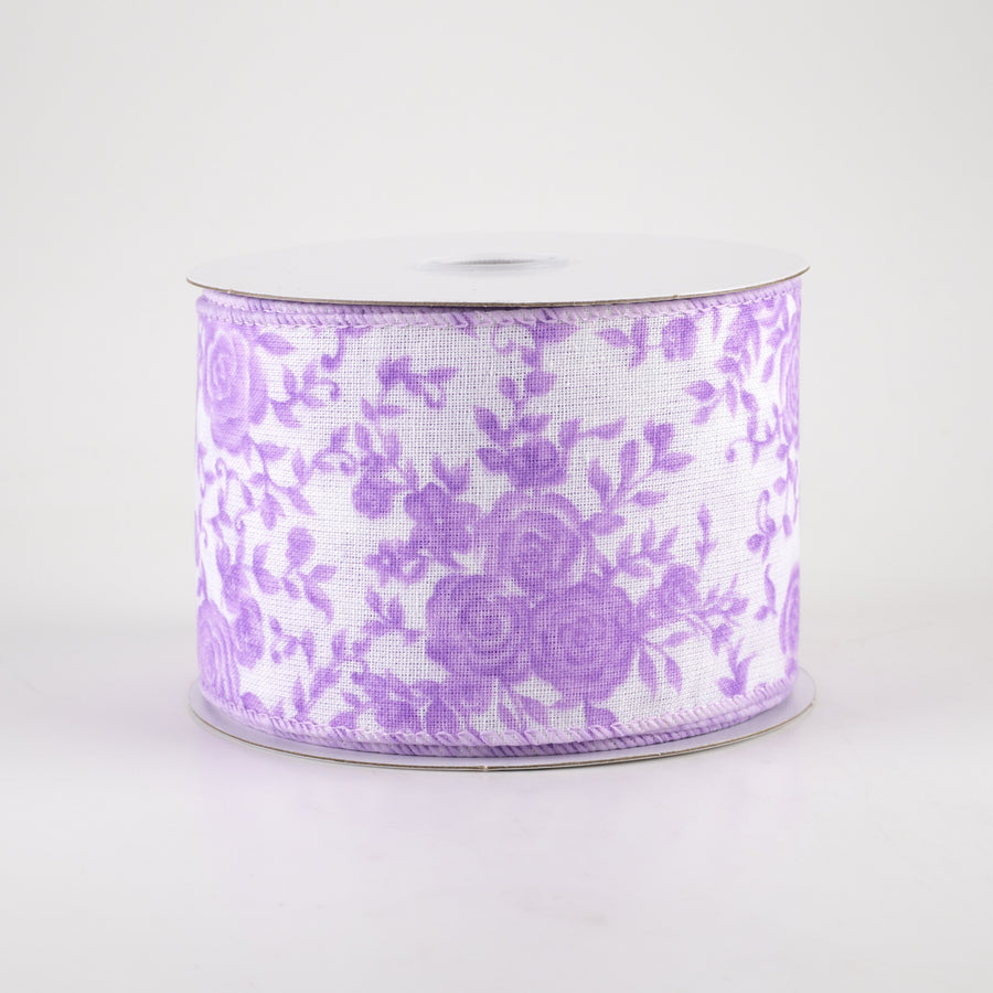 2.5" Ombré Roses on White Linen Ribbon: Lavender (10 Yards) Item Number: 41218-40-30