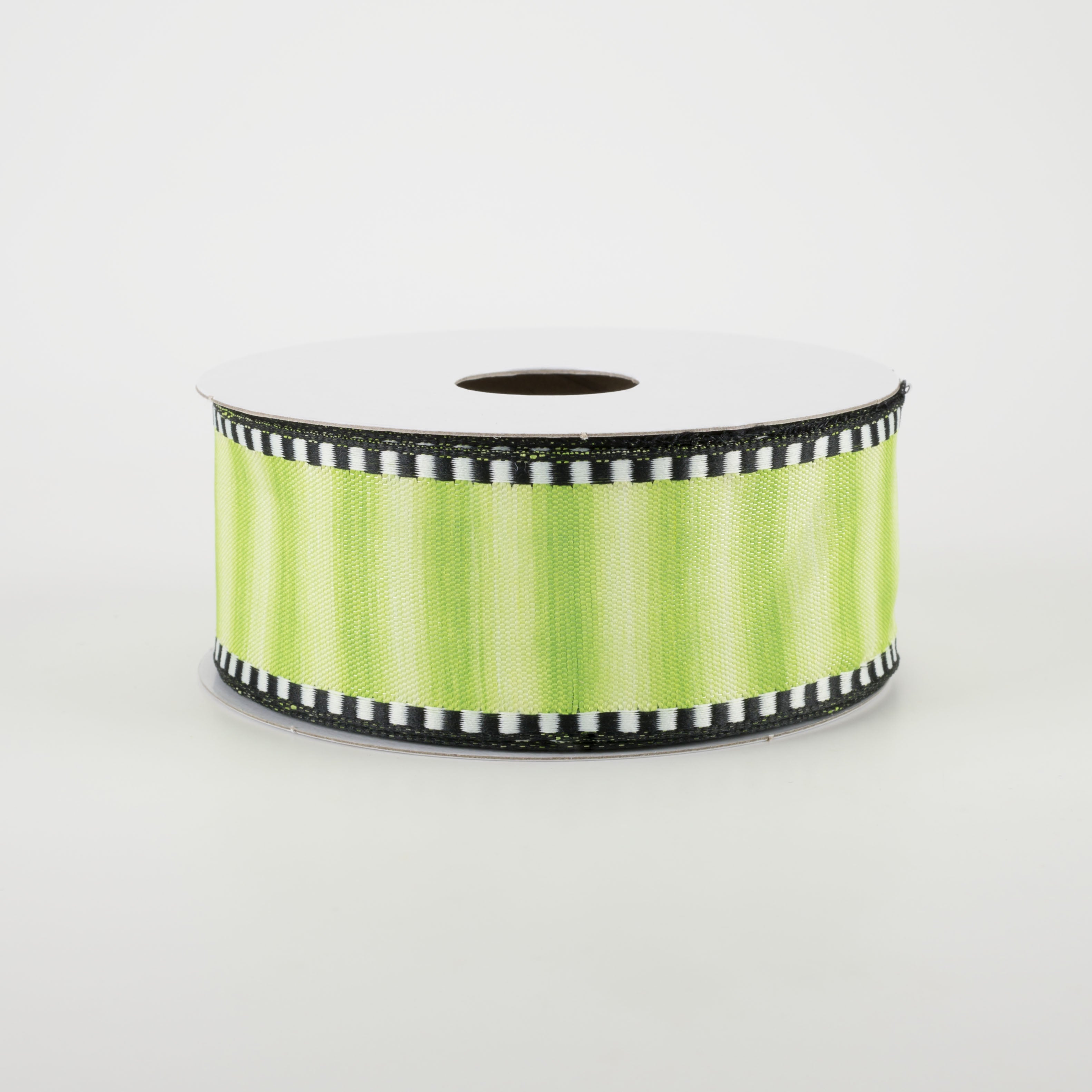 1.5" Ombré Stripe With Black & White Edge Ribbon: Lime (10 Yards)