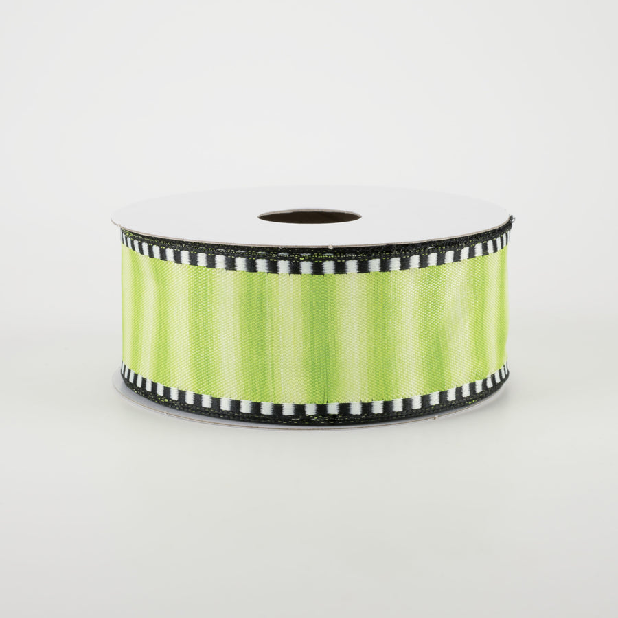 1.5" Ombré Stripe With Black & White Edge Ribbon: Lime (10 Yards)