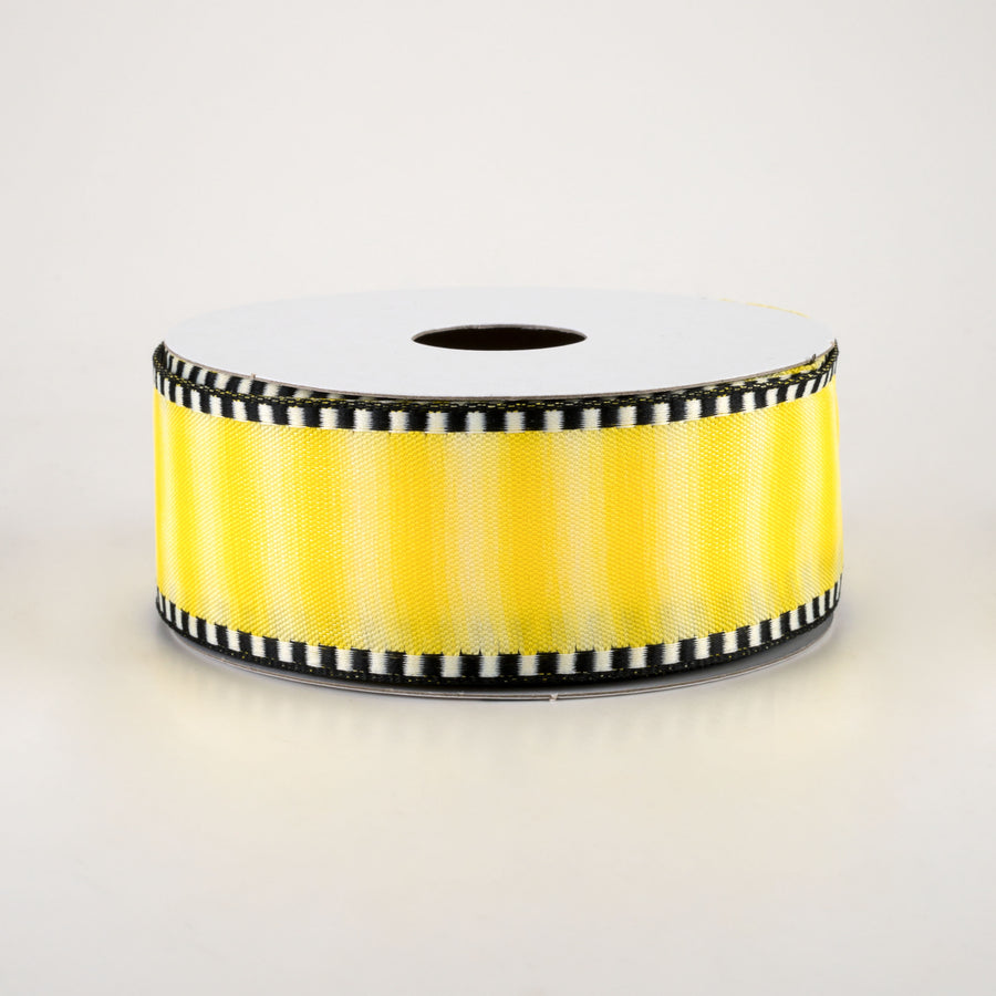 1.5" Ombré Stripe With Black & White Edge Ribbon: Yellow (10 Yards)