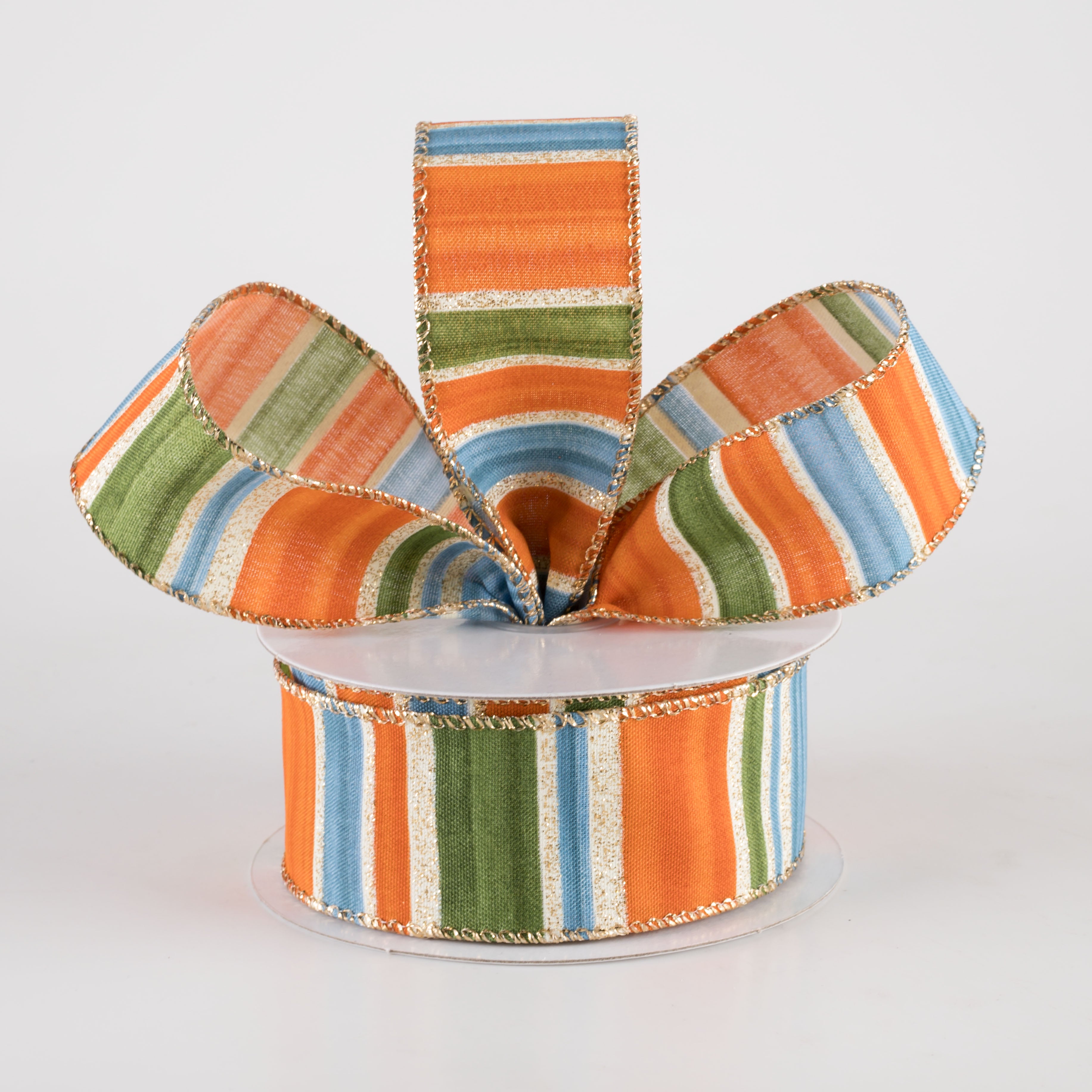 1.5" Ombré Stripes Glitter Ribbon: Rust Orange, Blue & Moss on Cream (10 Yards) Lifestyle Photo