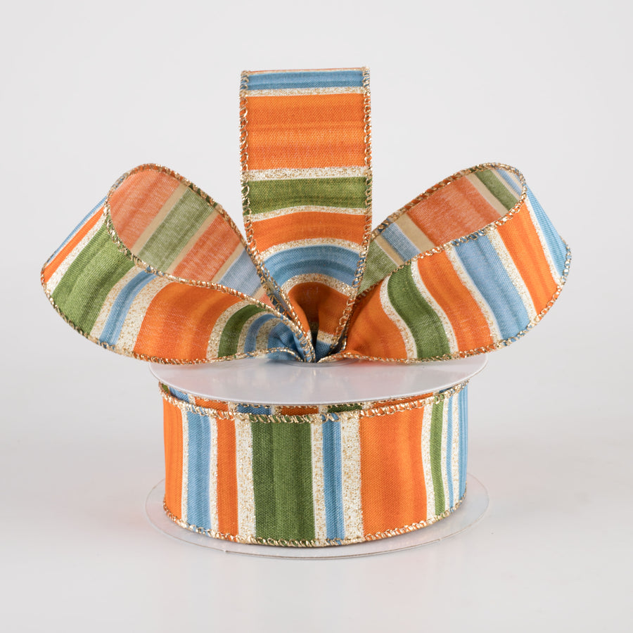 1.5" Ombré Stripes Glitter Ribbon: Rust Orange, Blue & Moss on Cream (10 Yards) Lifestyle Photo