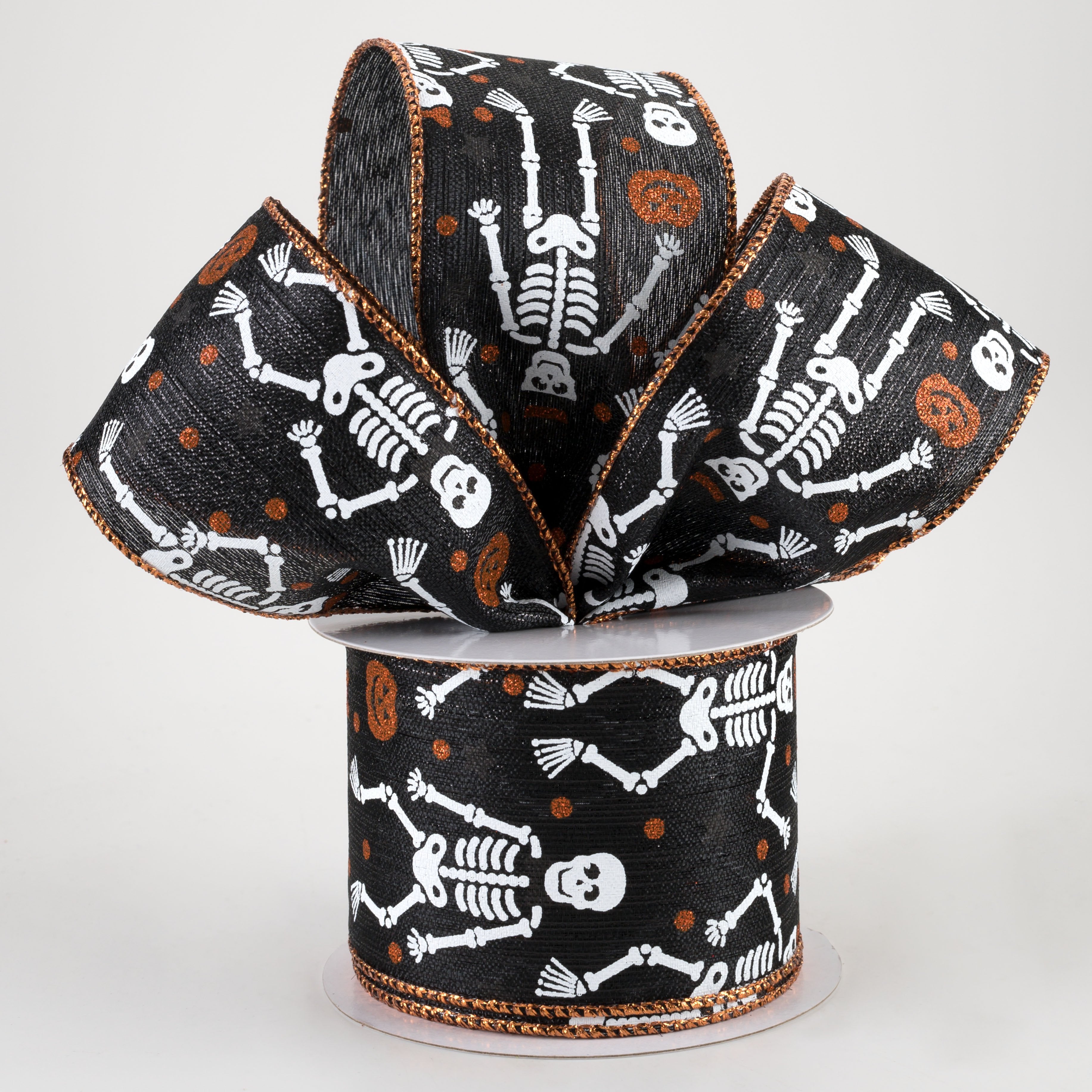 2.5" Orange Glitter Skeletons Metallic Ribbon: Black (10 Yards) Lifestyle Photo