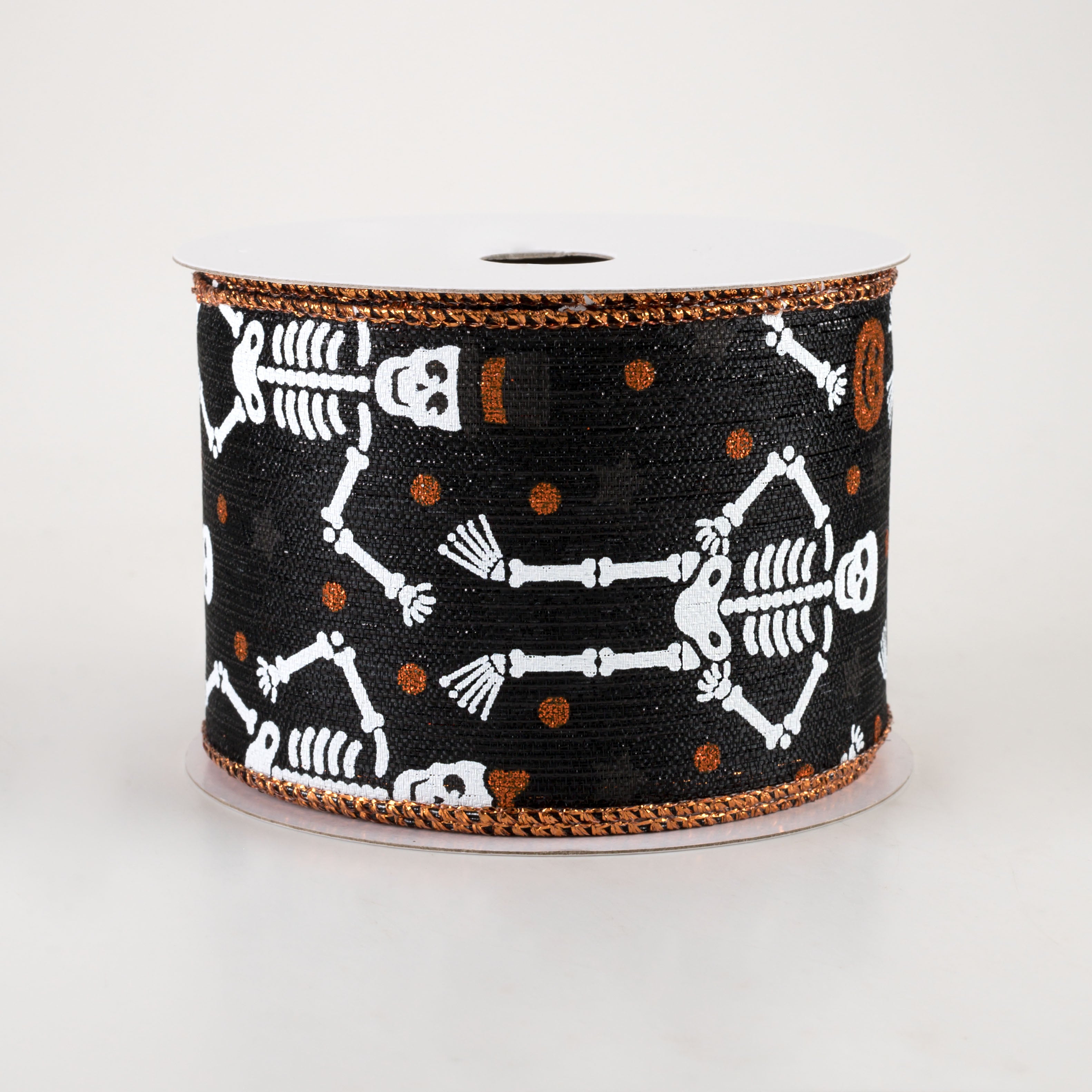2.5" Orange Glitter Skeletons Metallic Ribbon: Black (10 Yards)