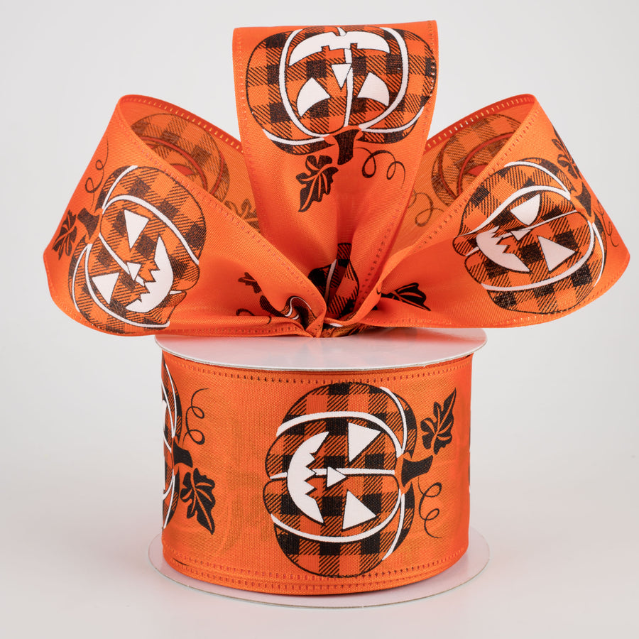 2.5" Orange Satin Buffalo Plaid Jack O Lantern Ribbon (10 Yards) Lifestyle Photo
