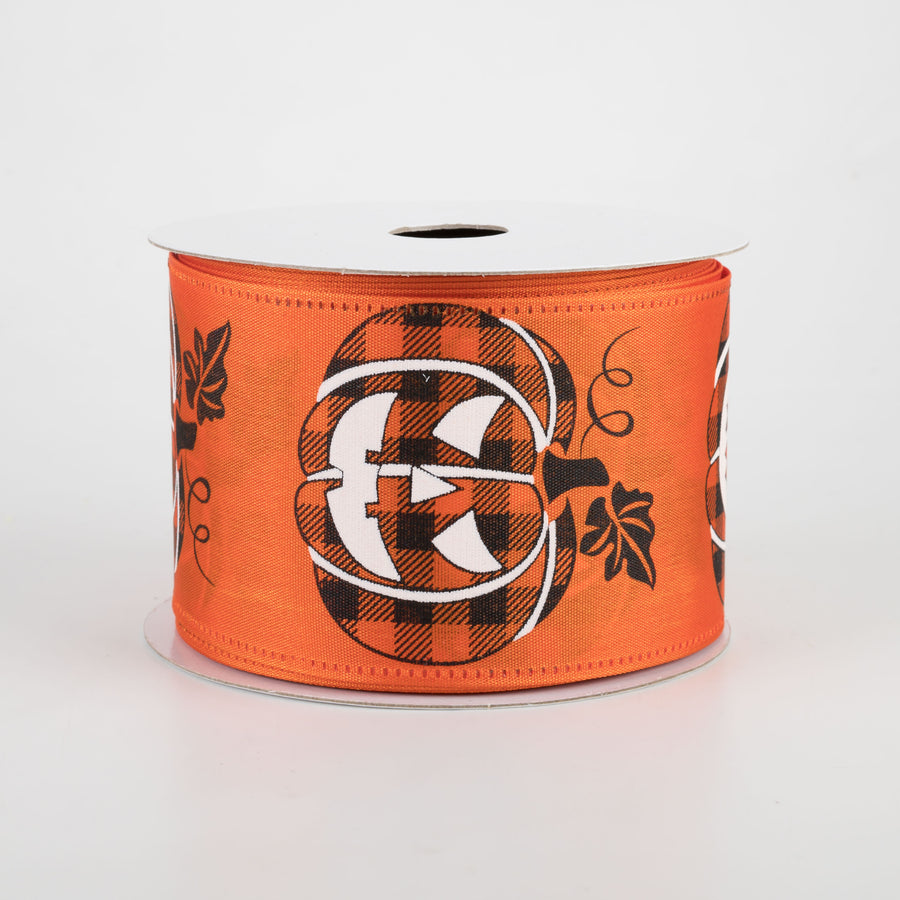 2.5" Orange Satin Buffalo Plaid Jack O Lantern Ribbon (10 Yards)