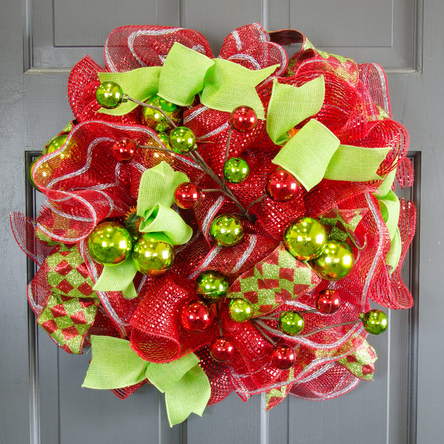 19" Ornament Ball Spray: Red & Lime Green detail photo 3