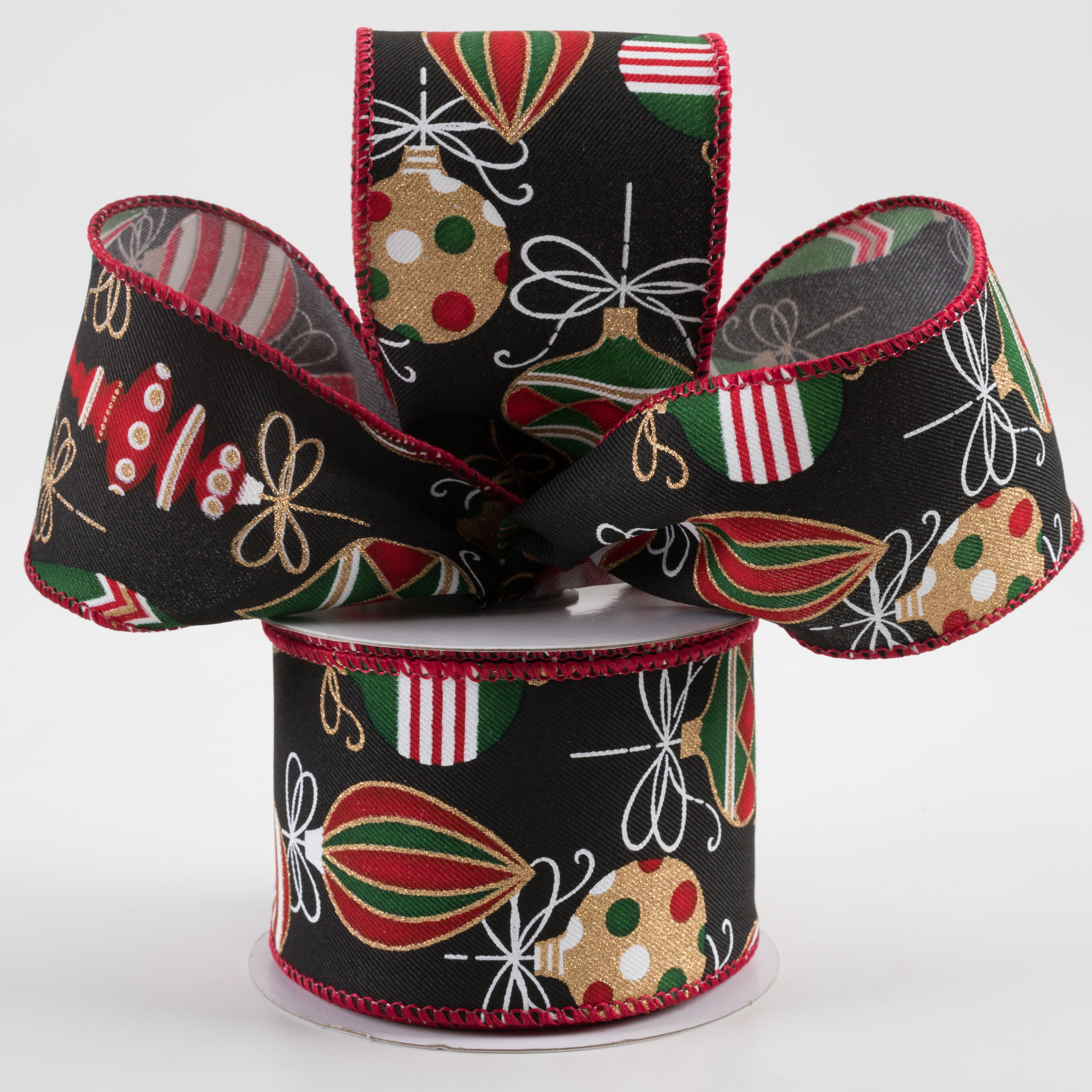 2.5" Ornaments Ribbon: Black, Red, Green, Gold (10 Yards) Lifestyle Photo
