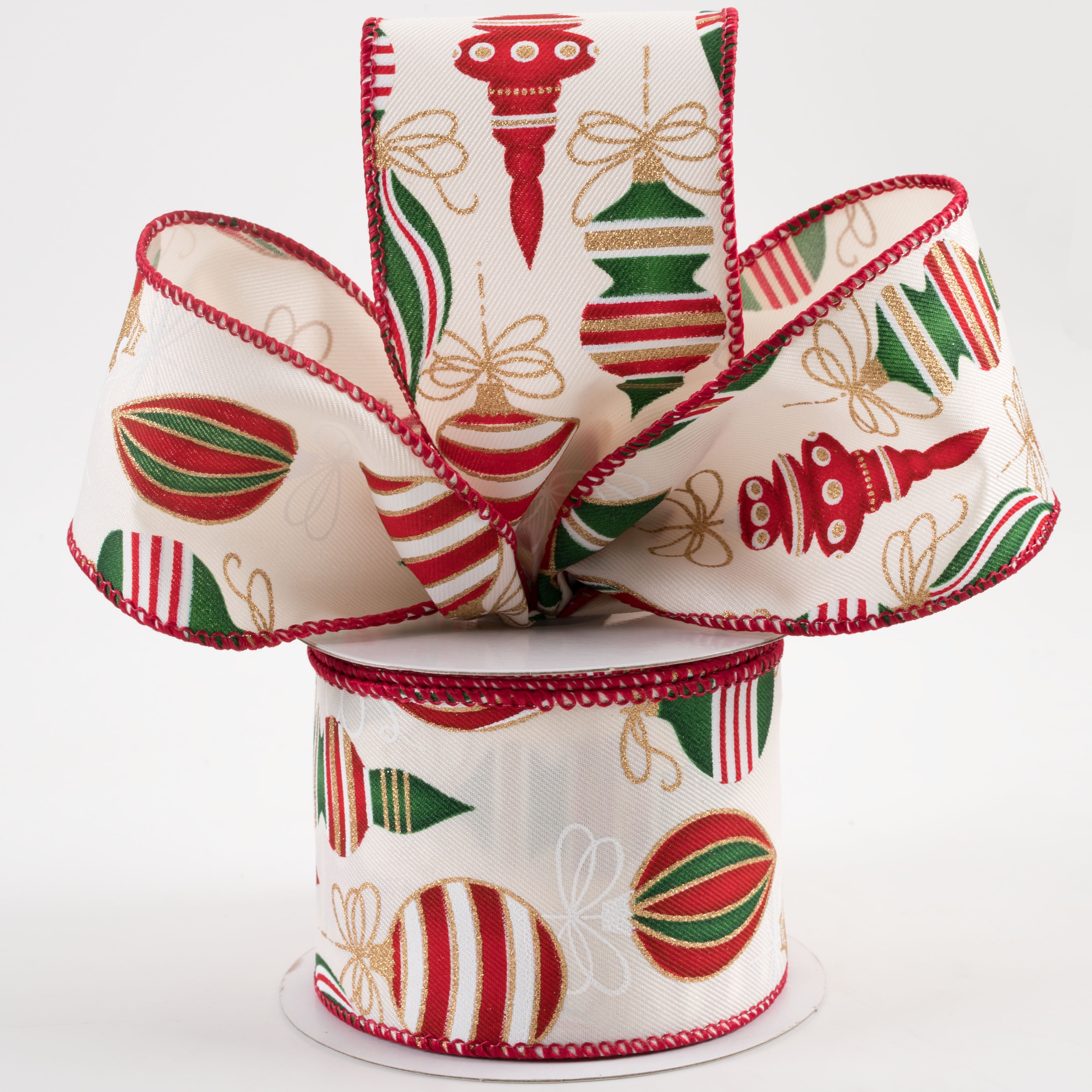 2.5" Ornaments Ribbon: Ivory, Red, Green, Gold (10 Yards) Lifestyle Photo