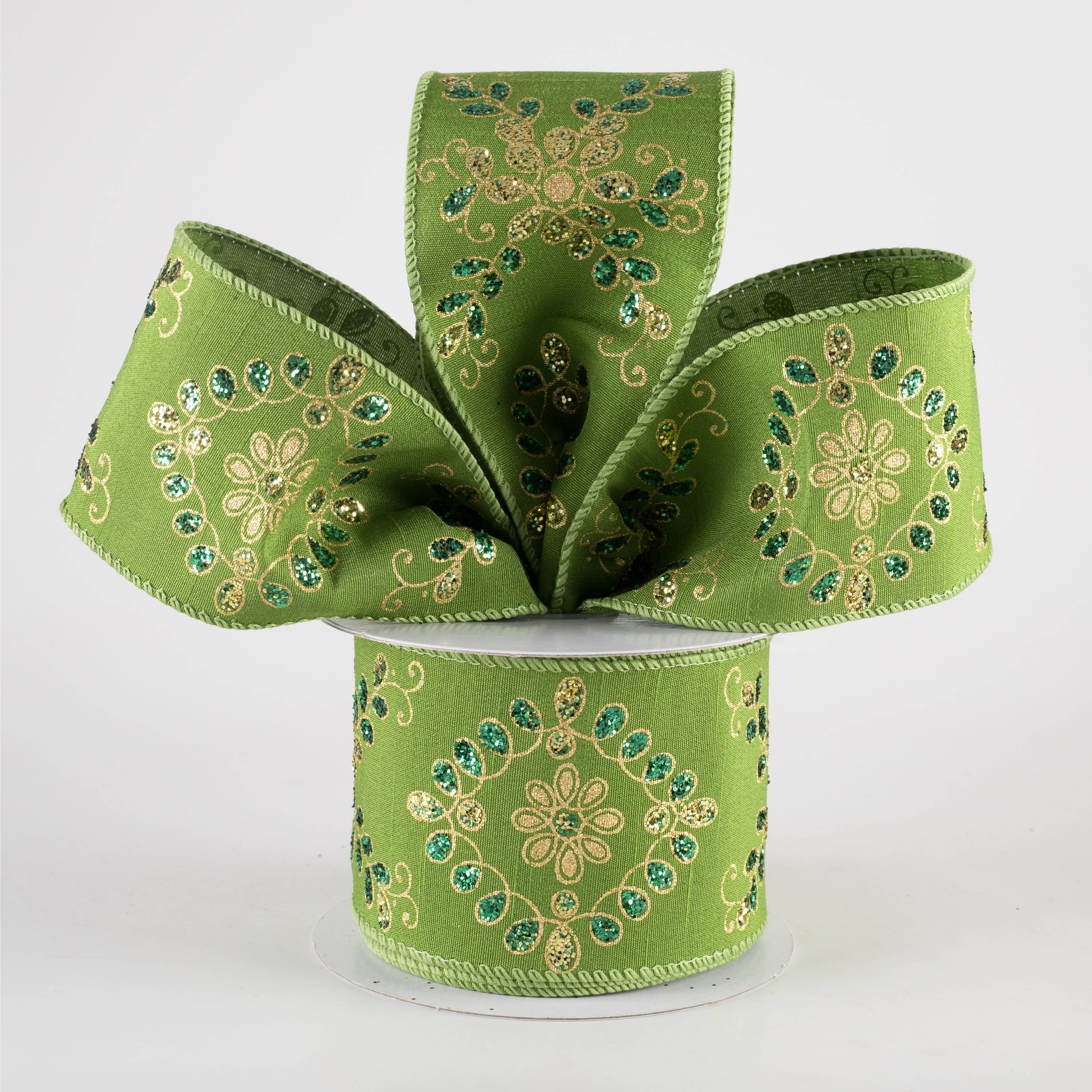 2.5" Ornate Loop Diamond Ribbon: Bright Moss Green & Gold (10 Yards) Lifestyle Photo