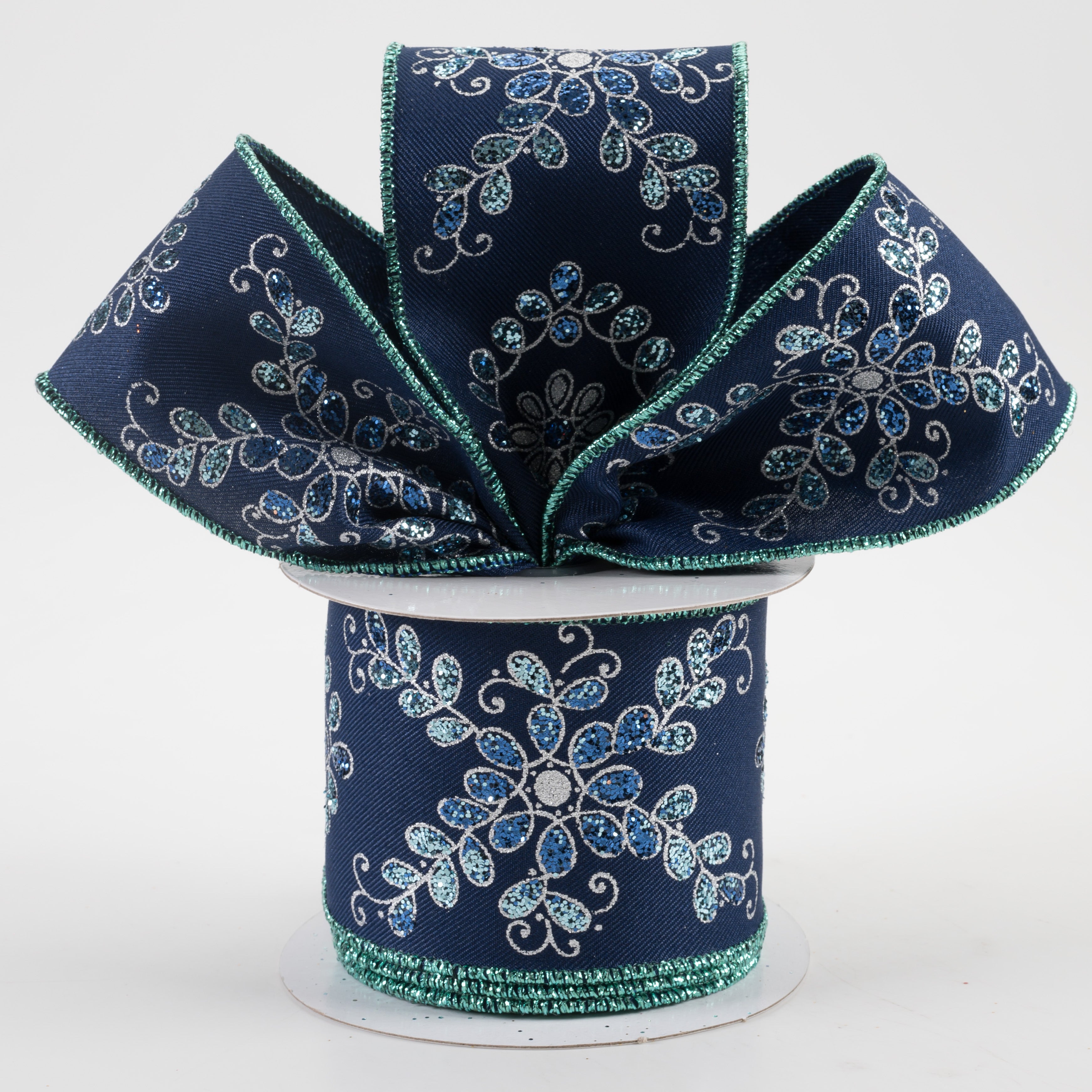2.5" Ornate Loop Diamond Ribbon: Navy, Blue, Silver (10 Yards) Lifestyle Photo