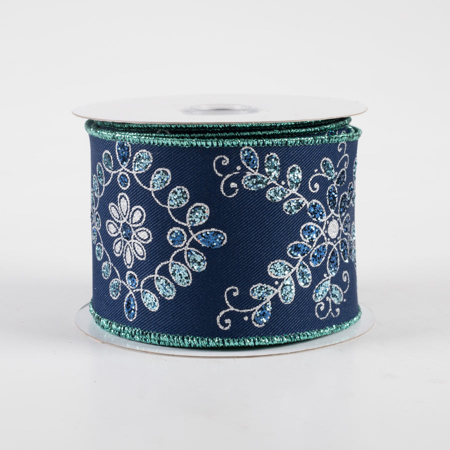 2.5" Ornate Loop Diamond Ribbon: Navy, Blue, Silver (10 Yards)