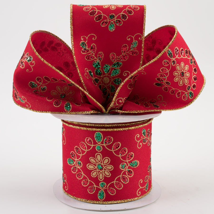 2.5" Ornate Loop Diamond Ribbon: Red, Emerald, Gold (10 Yards) Lifestyle Photo