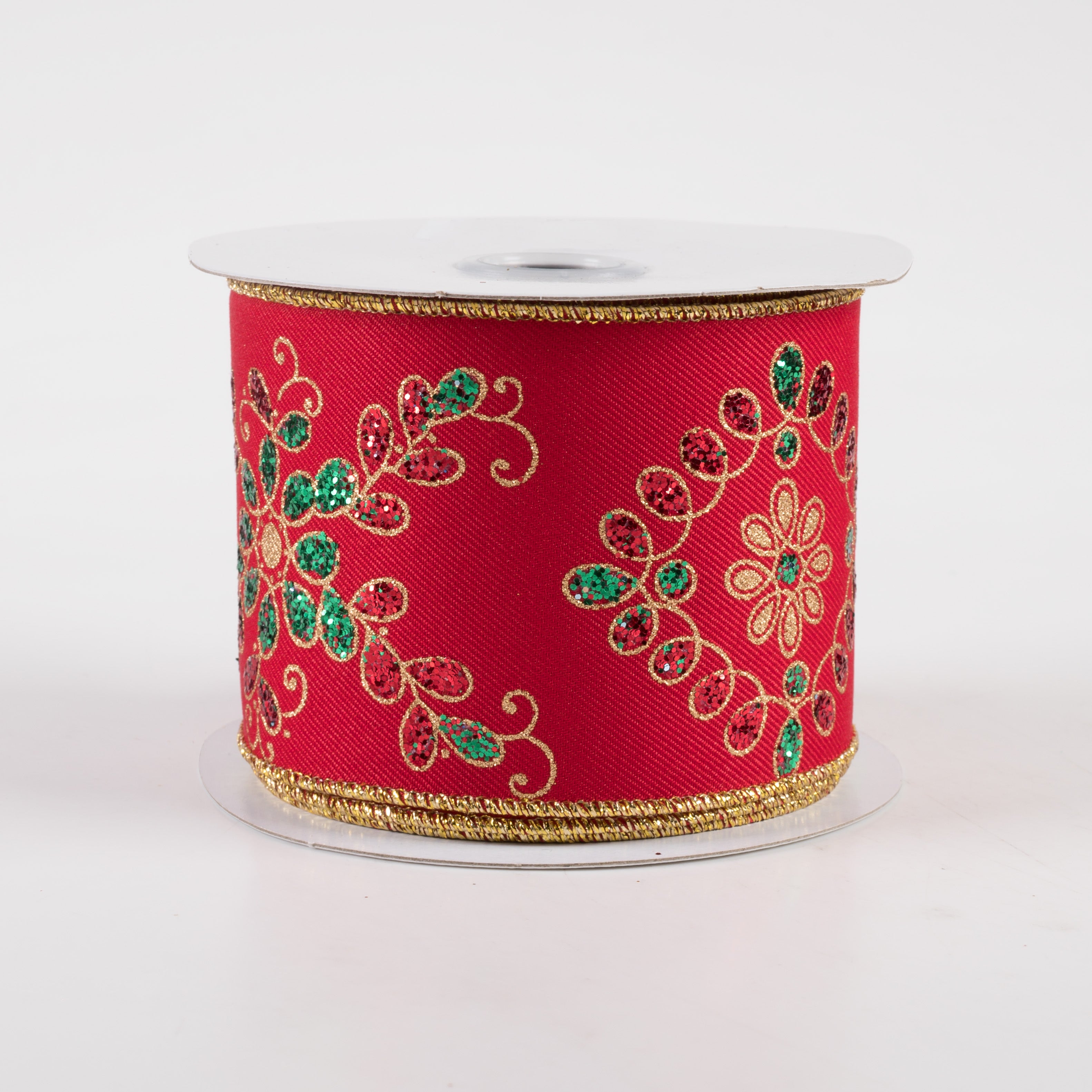 2.5" Ornate Loop Diamond Ribbon: Red, Emerald, Gold (10 Yards)