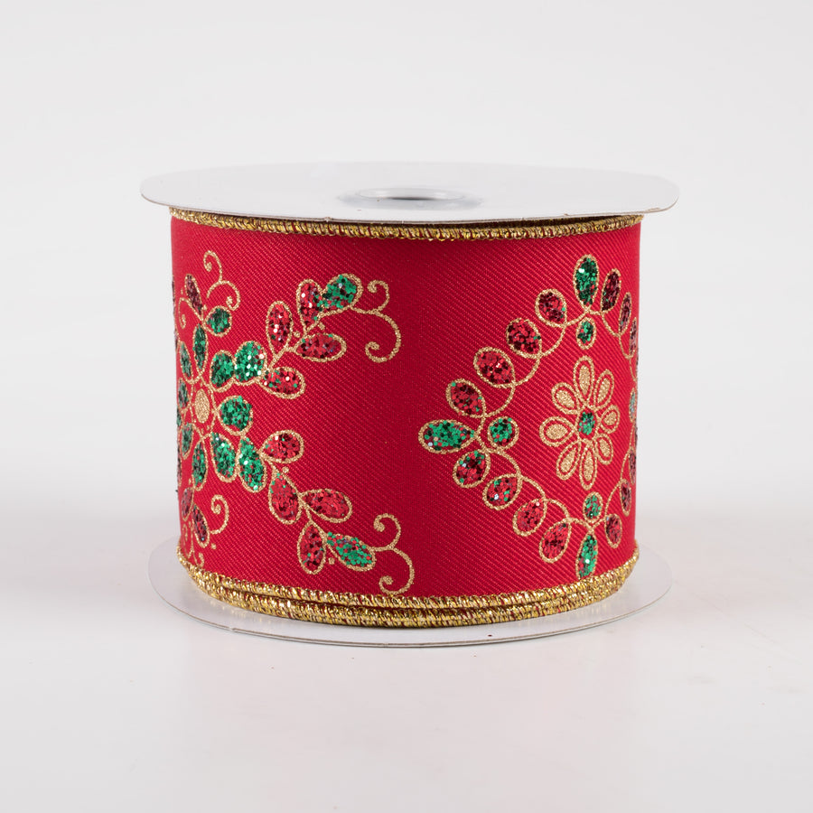 2.5" Ornate Loop Diamond Ribbon: Red, Emerald, Gold (10 Yards)