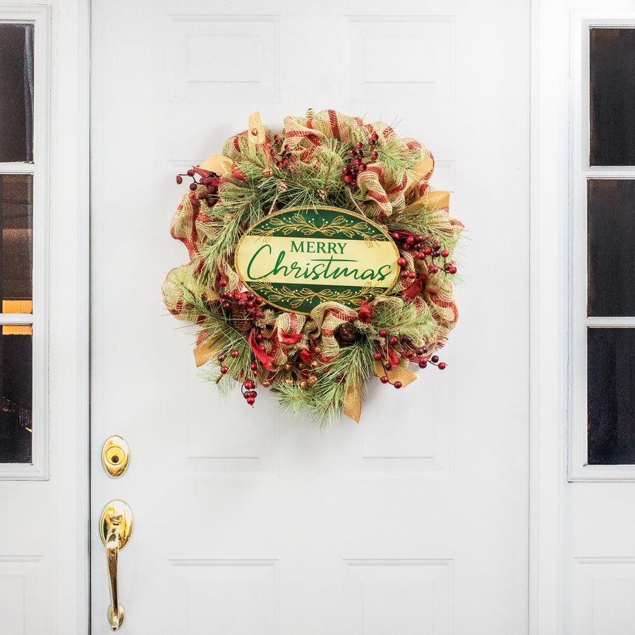 13" Oval Wooden Sign: Merry Christmas Hunter Green detail photo 4