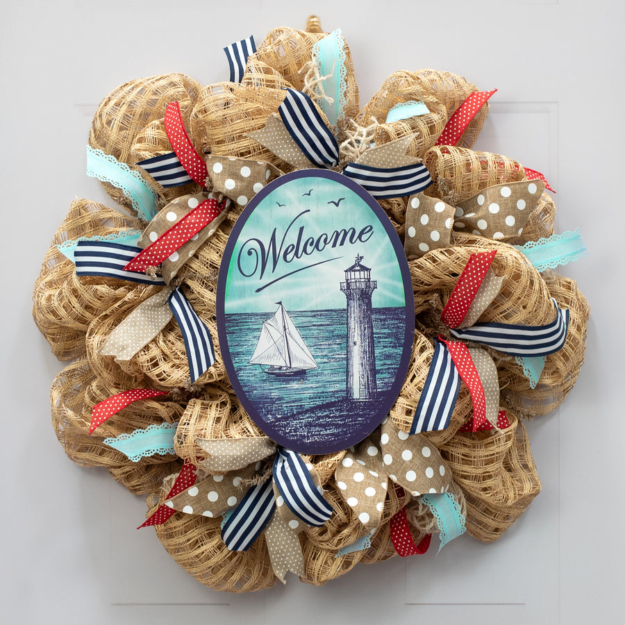 13" Oval Wooden Sign: Welcome Sailboat Lighthouse Lifestyle Photo