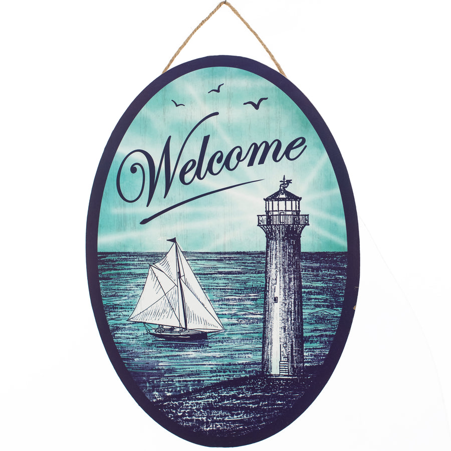 13" Oval Wooden Sign: Welcome Sailboat Lighthouse Item Number: AP7325