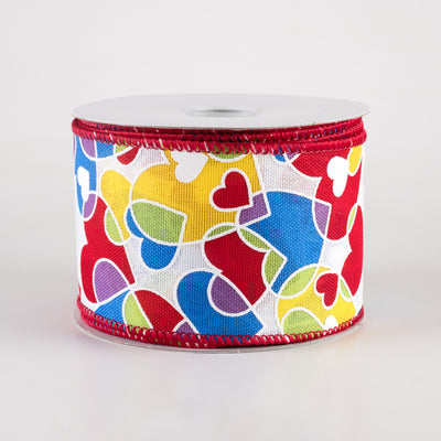 2.5" Overlapping Hearts Linen Ribbon: Yellow, Blue, Purple, Red (10 Yards)