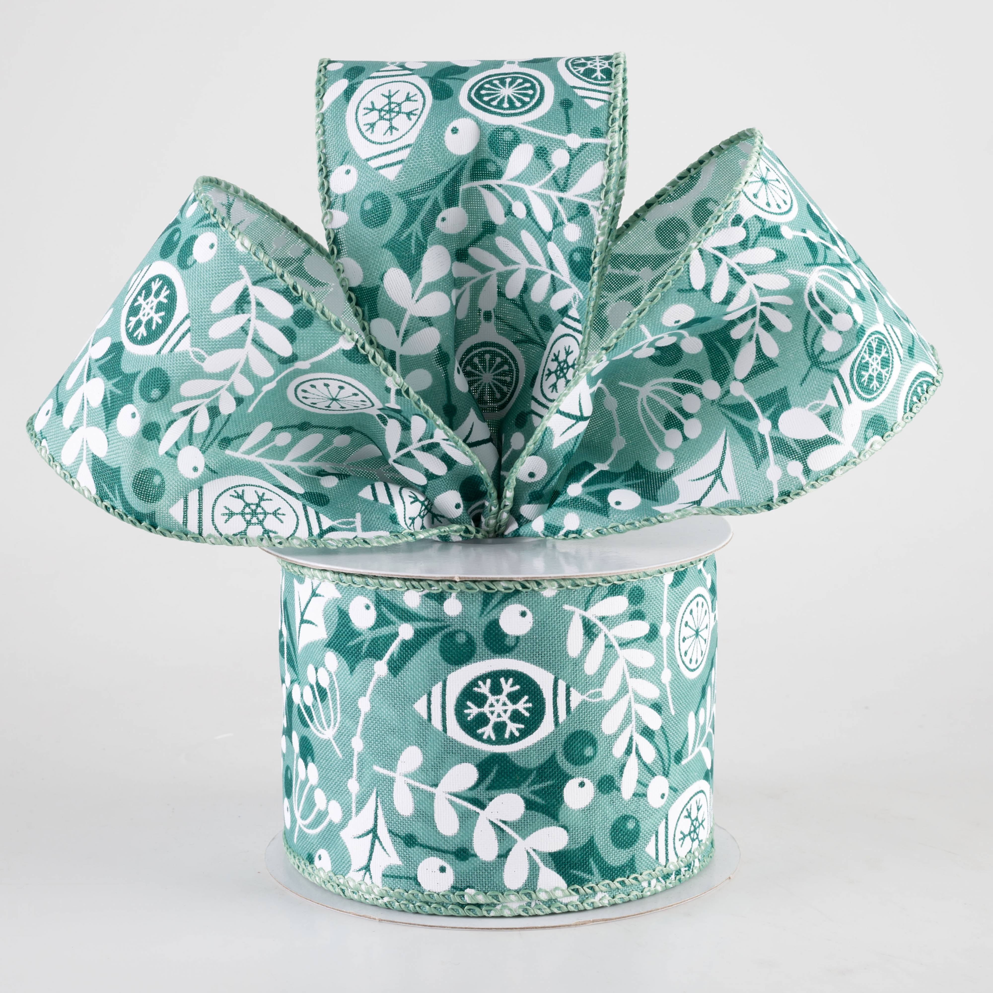 2.5" Overlay Leaves Ornaments Ribbon: Mint, Hunter Green & White (10 Yards) Lifestyle Photo