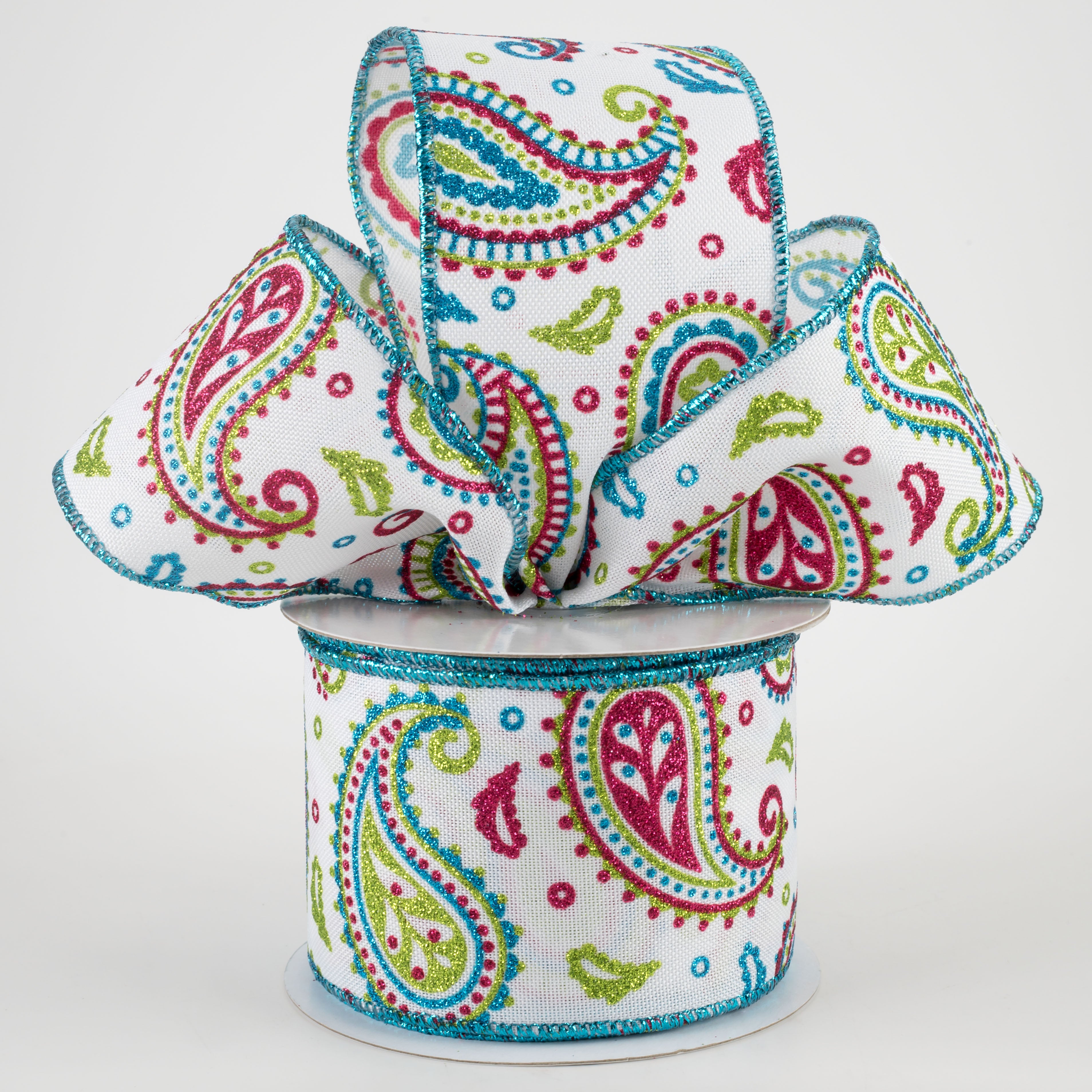 2.5" Paisley Ribbon: White, Lime, Hot Pink, Turquoise (10 Yards) Lifestyle Photo