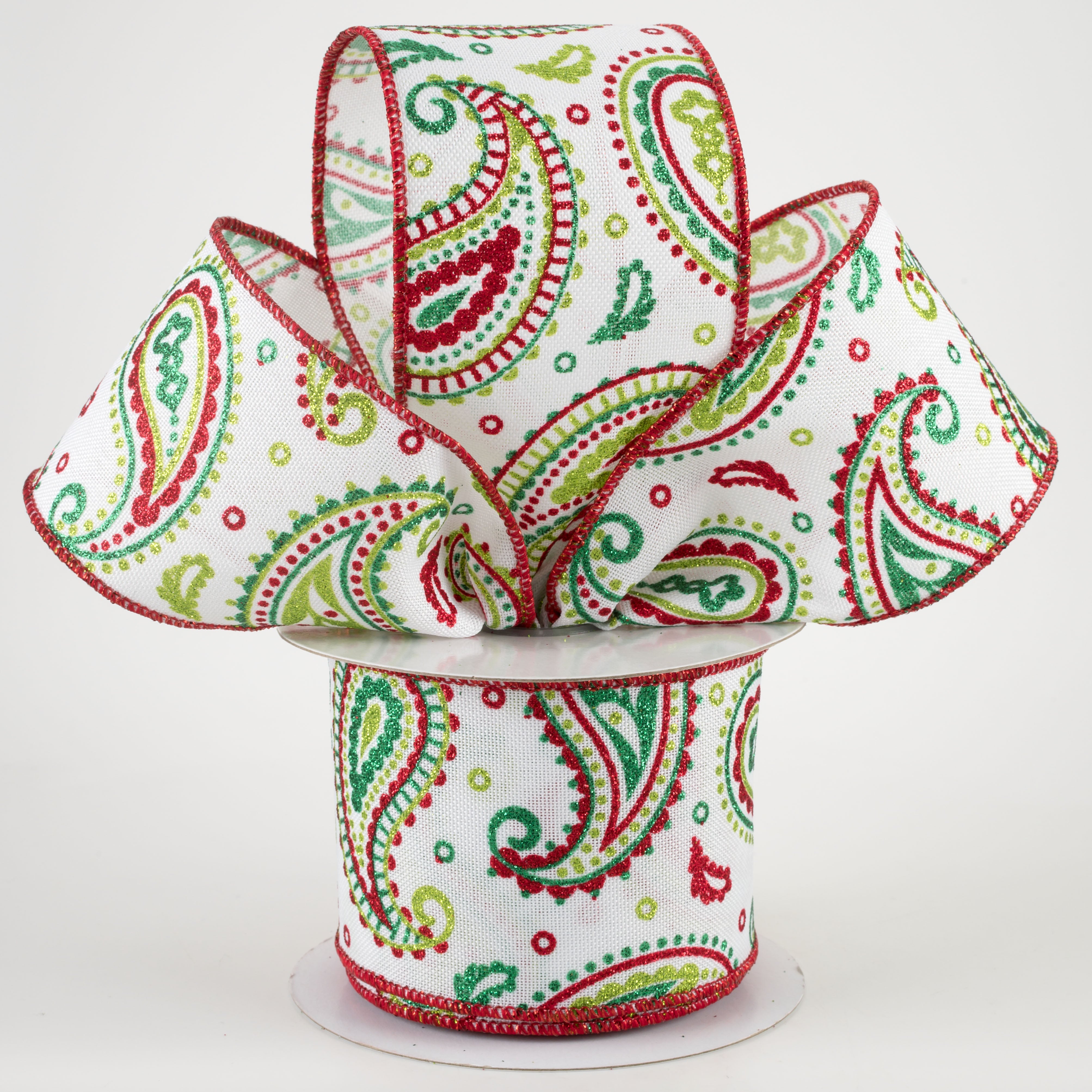 2.5" Paisley Ribbon: White, Lime, Red, Emerald (10 Yards) Lifestyle Photo