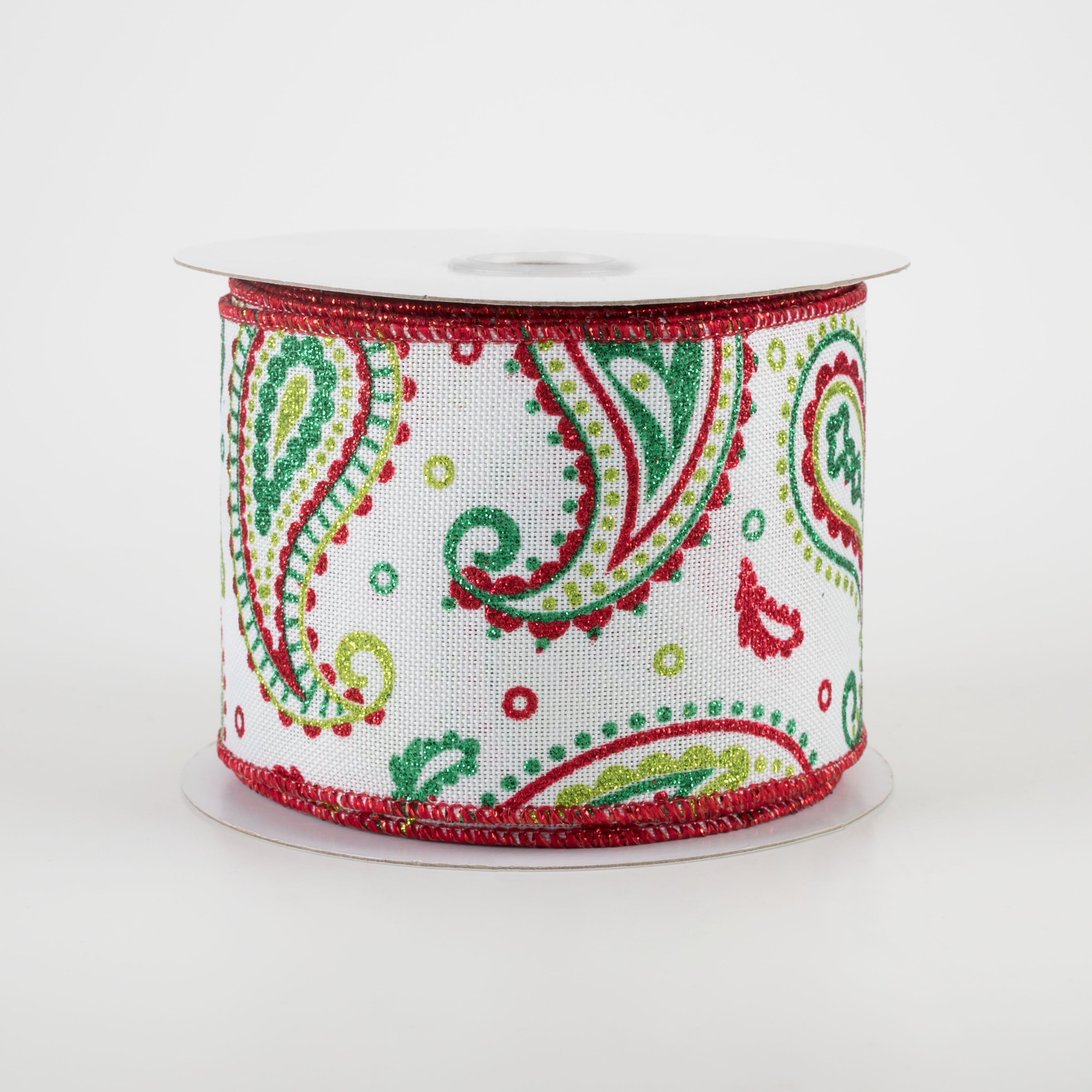 2.5" Paisley Ribbon: White, Lime, Red, Emerald (10 Yards)