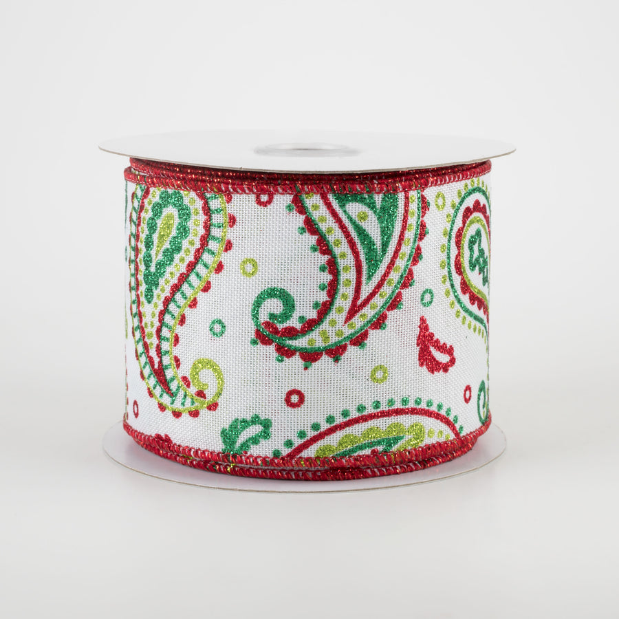 2.5" Paisley Ribbon: White, Lime, Red, Emerald (10 Yards)