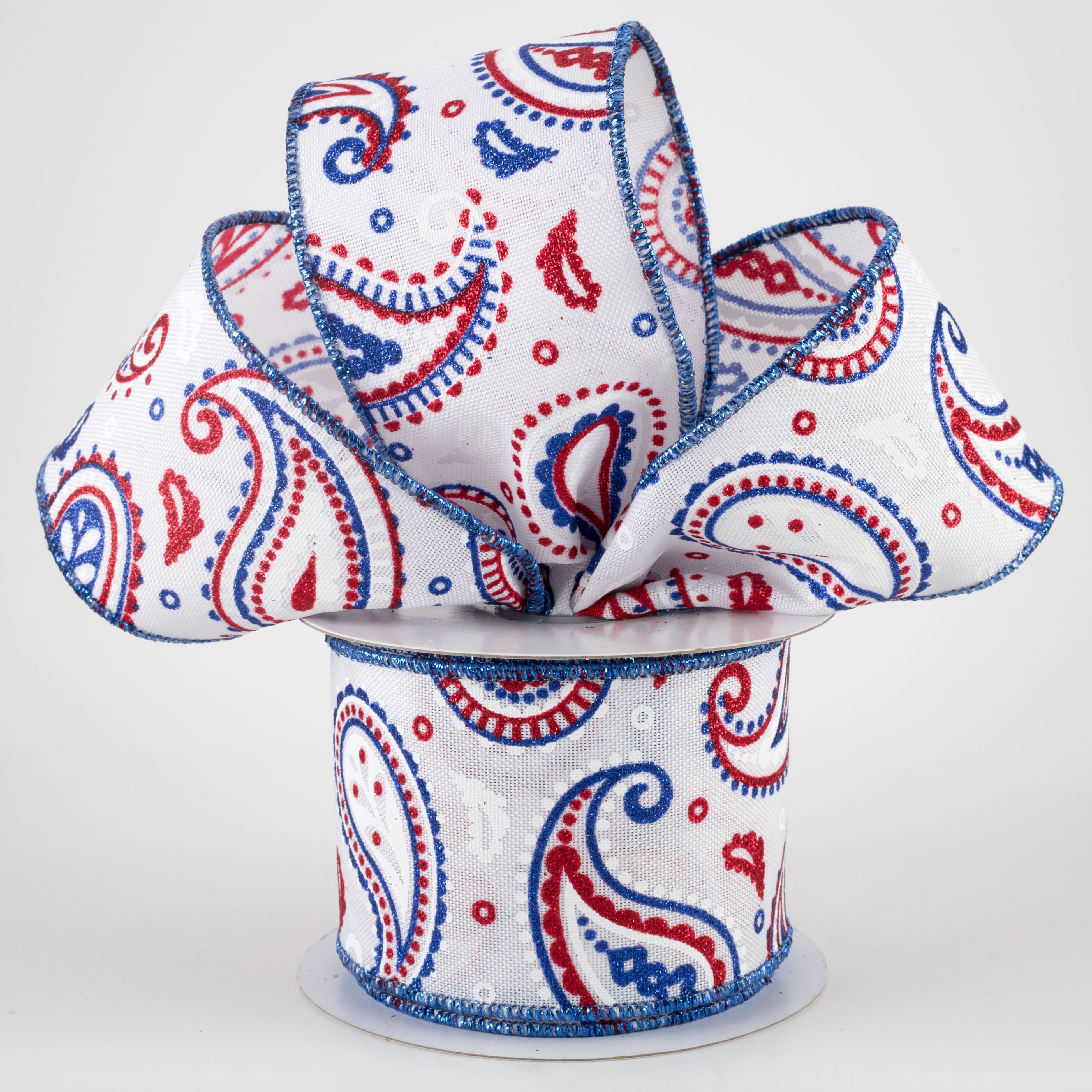 2.5" Paisley Ribbon: White, Red, Royal Blue (10 Yards) Lifestyle Photo