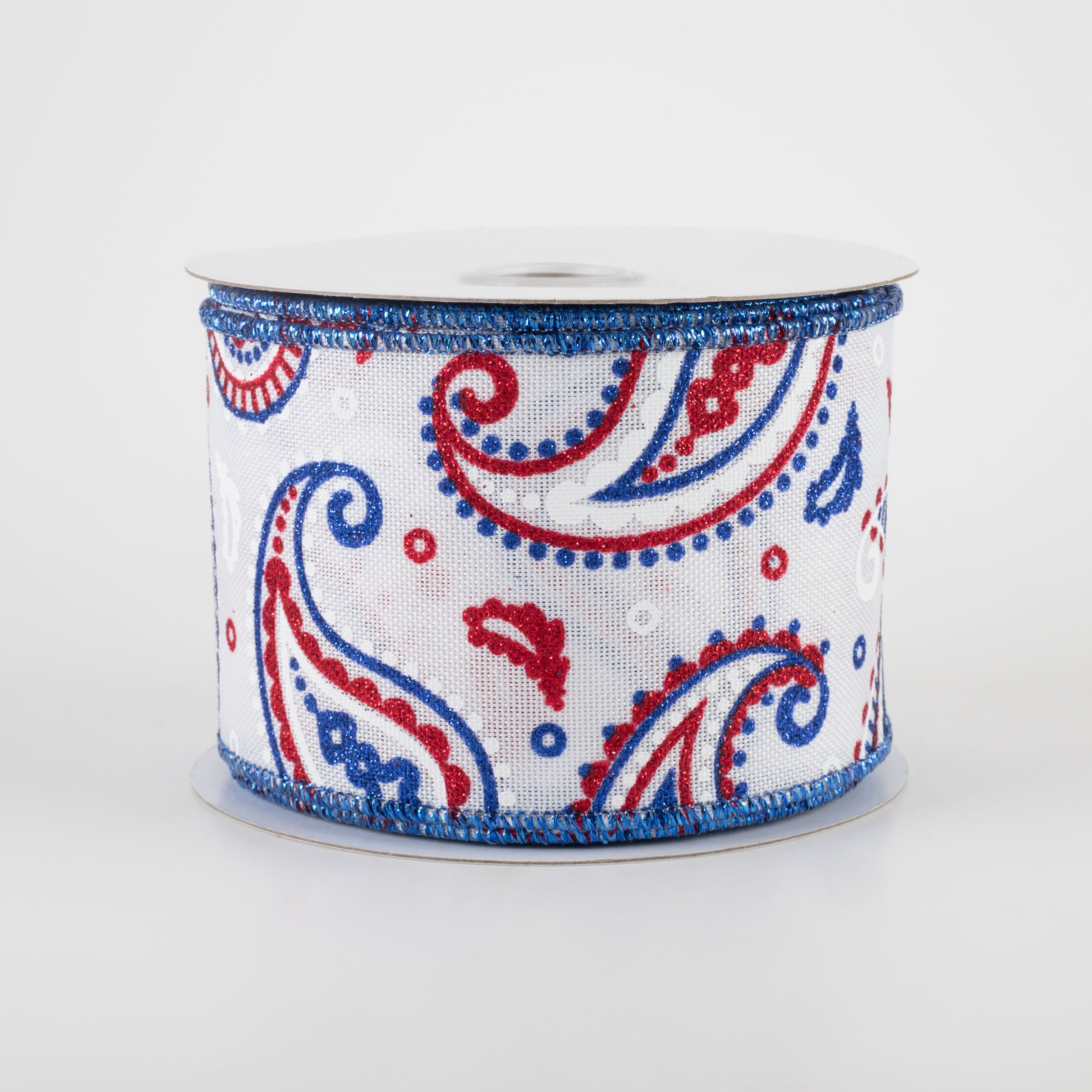 2.5" Paisley Ribbon: White, Red, Royal Blue (10 Yards)