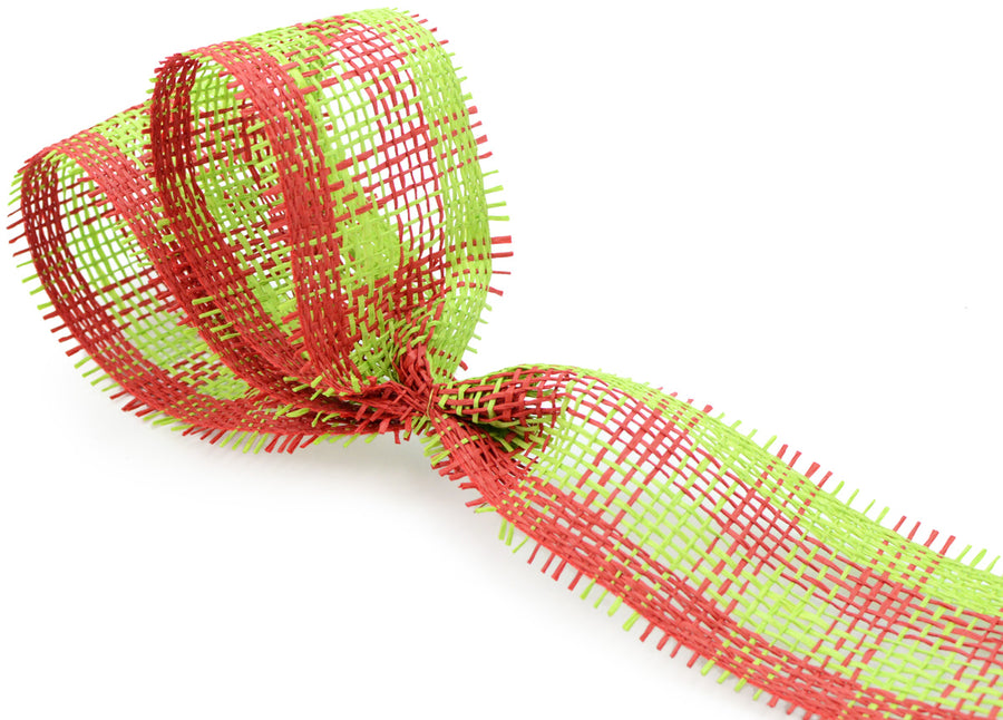 2.5" Paper Mesh Ribbon: Lime Green/Red Plaid (20 Yards) detail photo 3