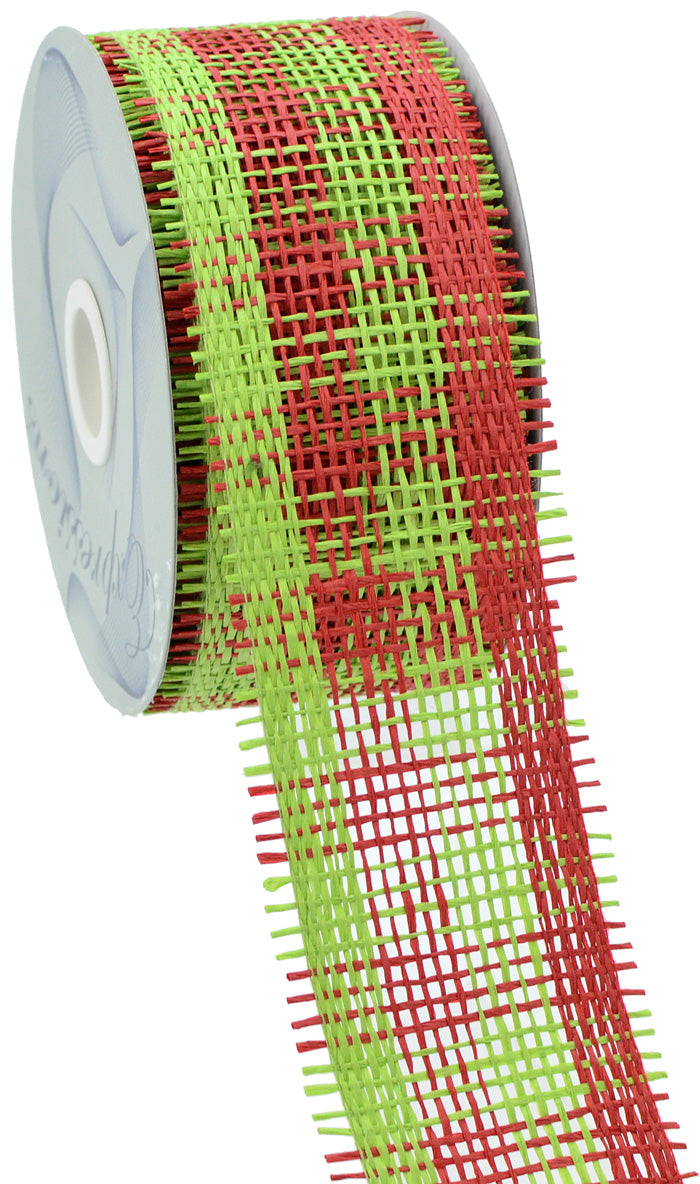 2.5" Paper Mesh Ribbon: Lime Green/Red Plaid (20 Yards) detail photo 4
