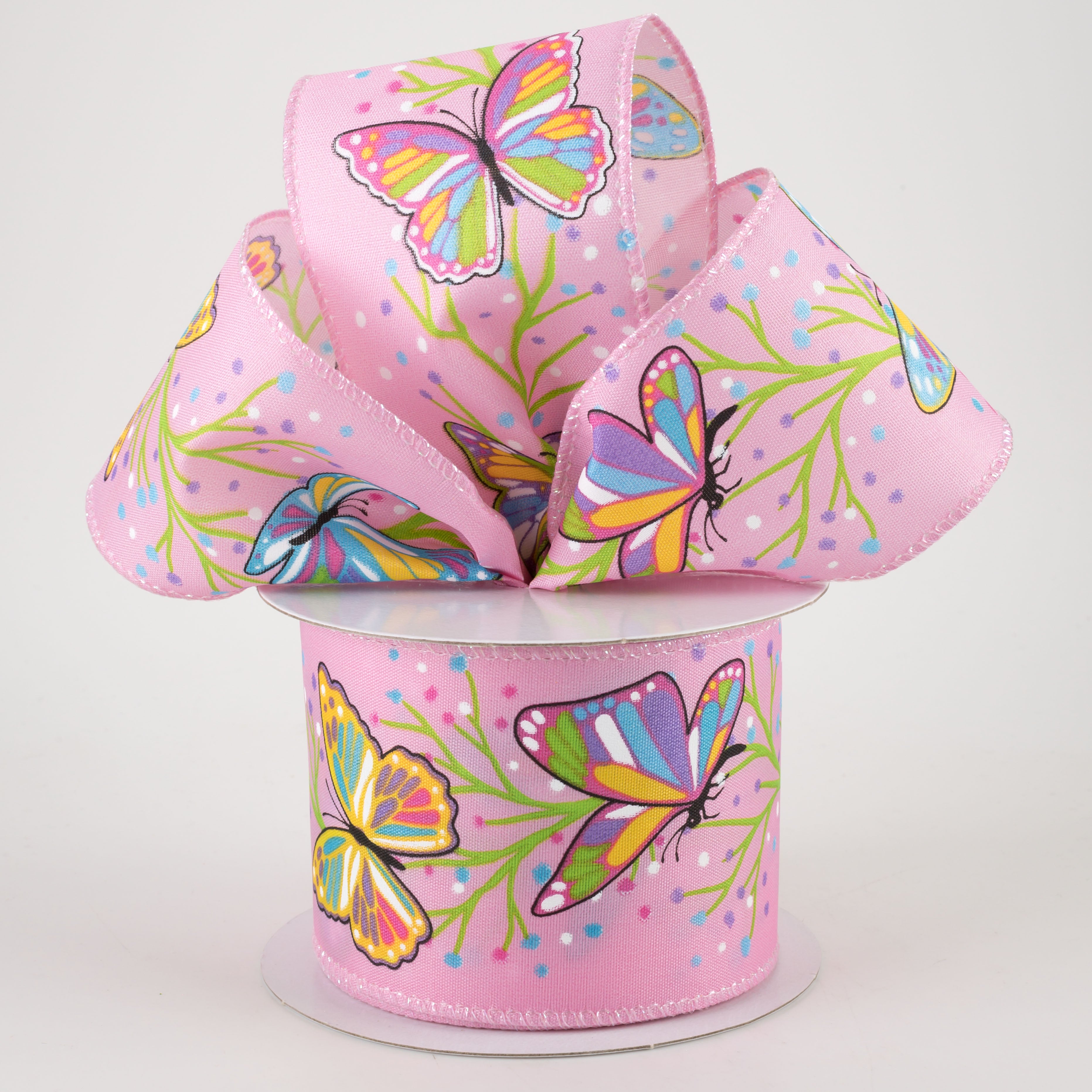 2.5" Pastel Butterflies Ribbon: Pink Satin (10 Yards) Lifestyle Photo