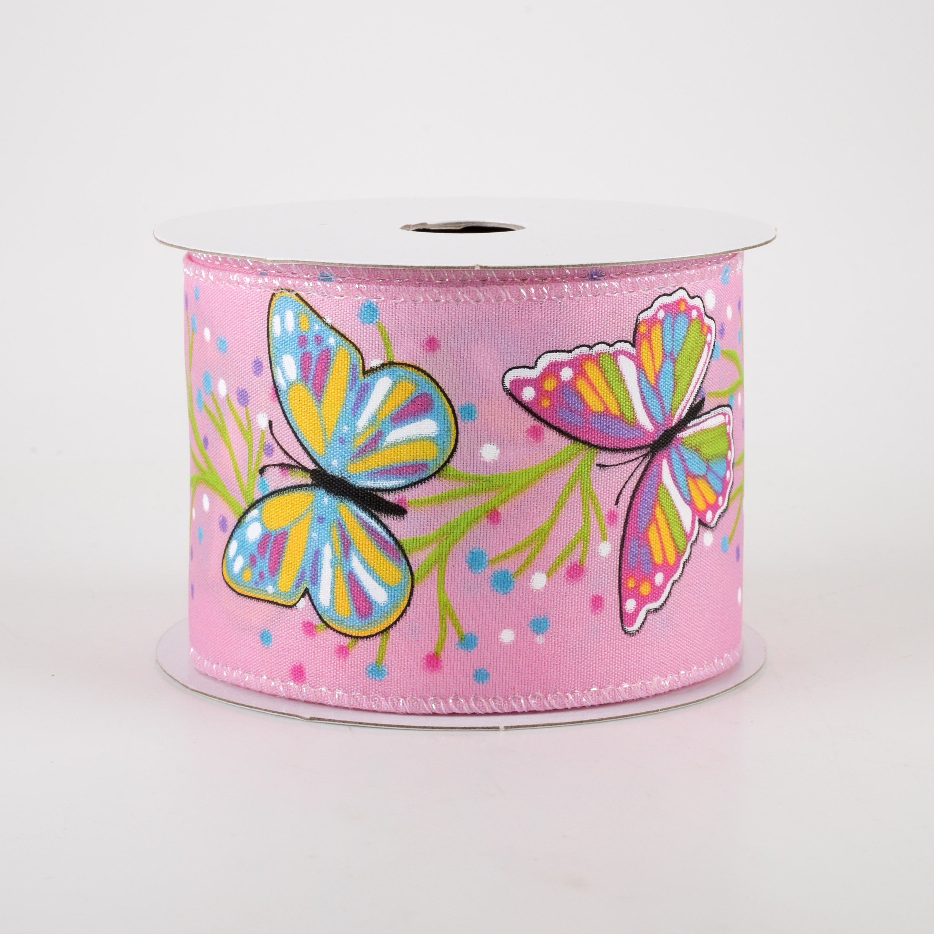 2.5" Pastel Butterflies Ribbon: Pink Satin (10 Yards)