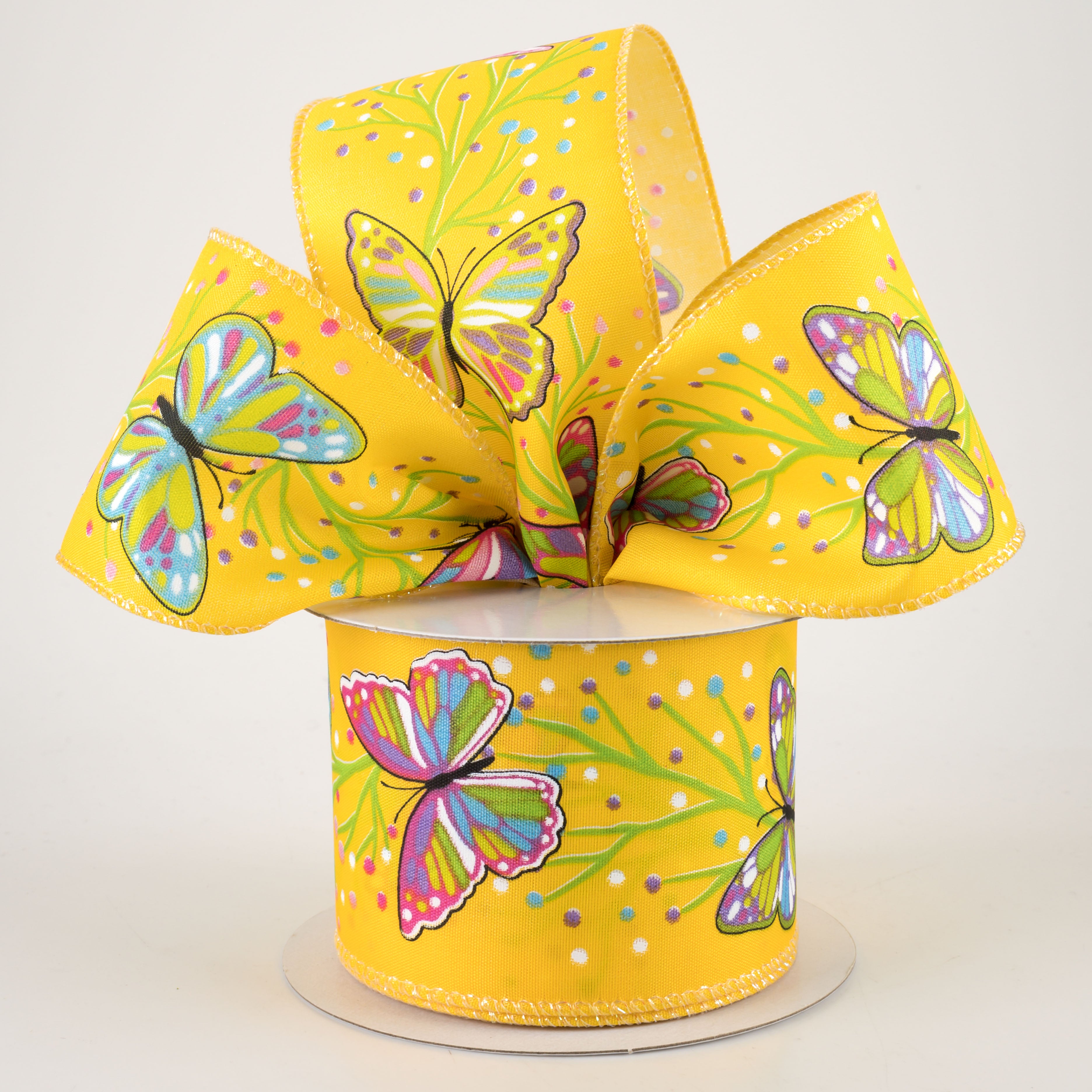 2.5" Pastel Butterflies Ribbon: Yellow Satin (10 Yards) Lifestyle Photo
