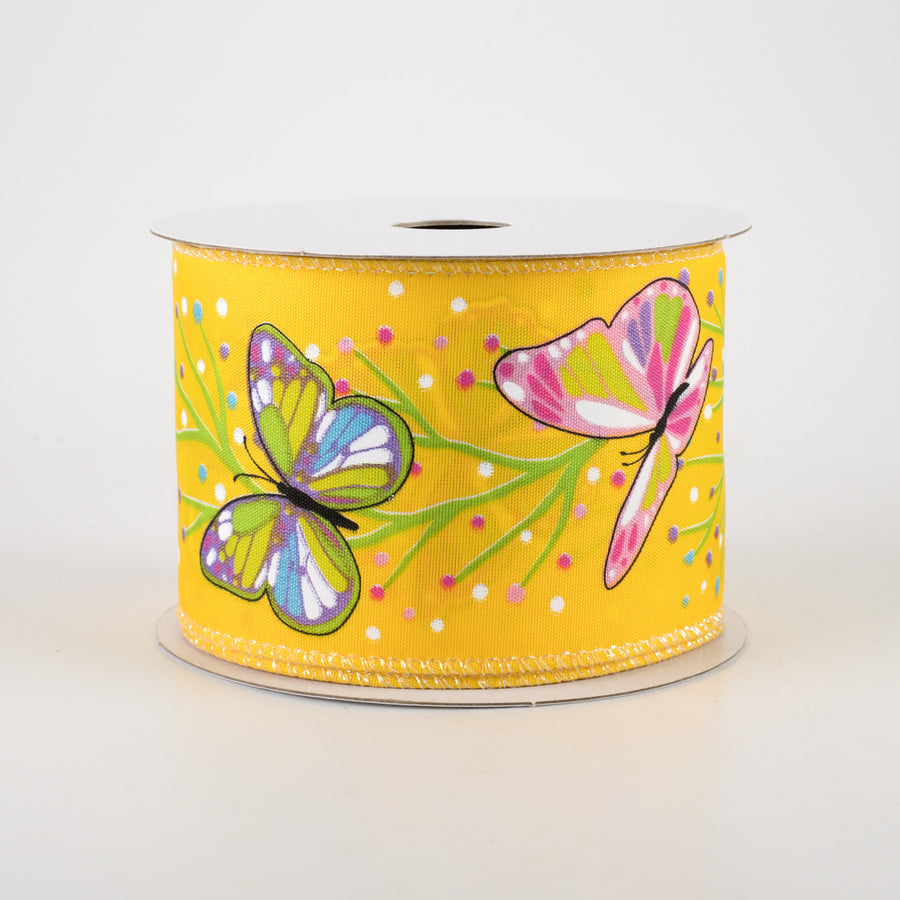 2.5" Pastel Butterflies Ribbon: Yellow Satin (10 Yards)